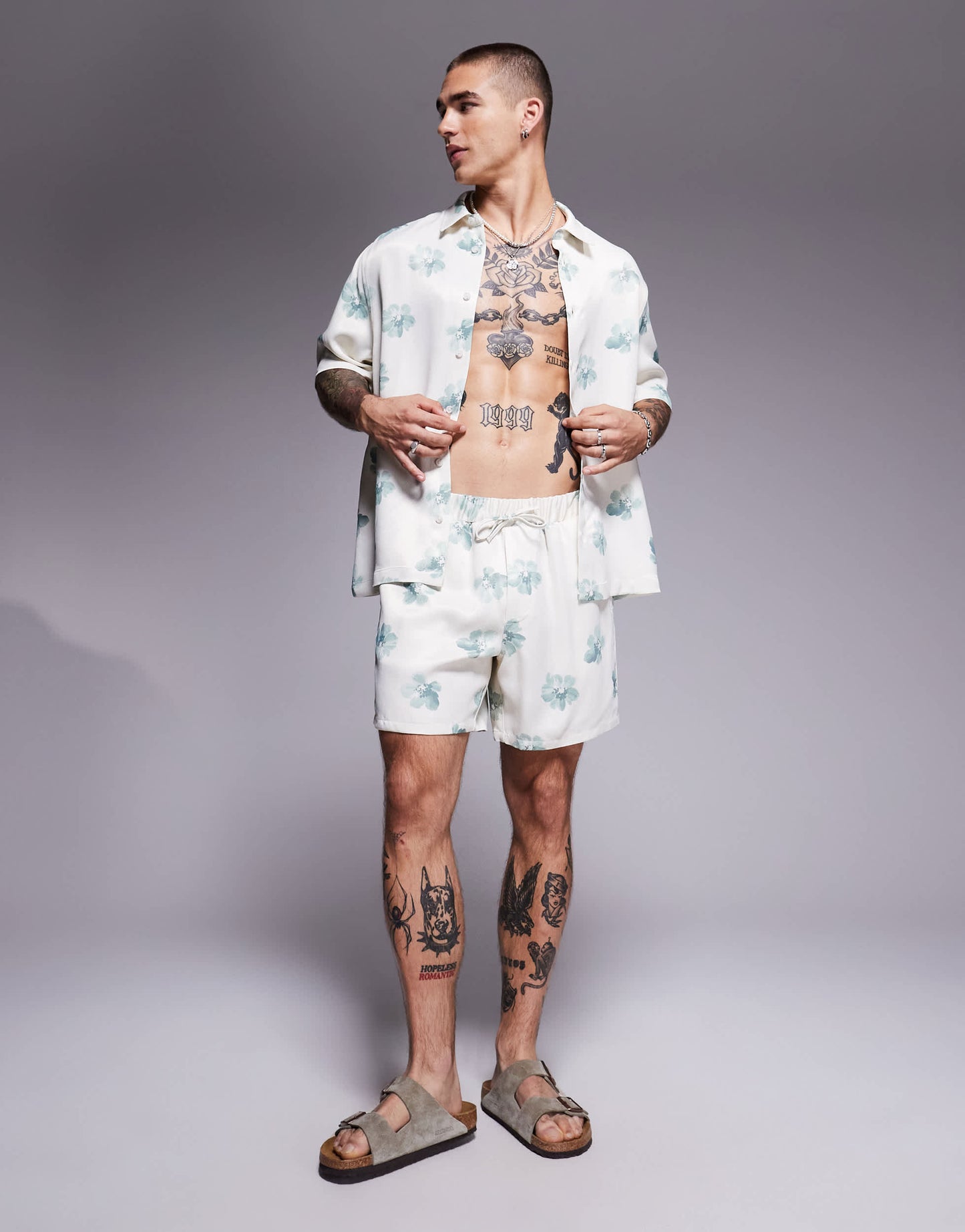 ASOS DESIGN relaxed shirt with floral print in neutral