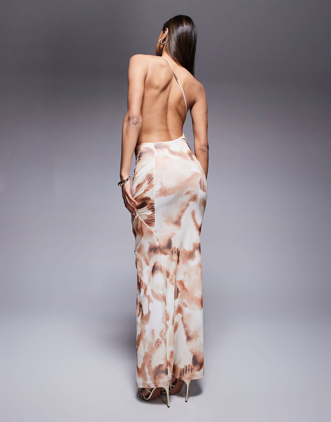 ASOD DESIGN one shoulder with ruching detail maxi dress in print