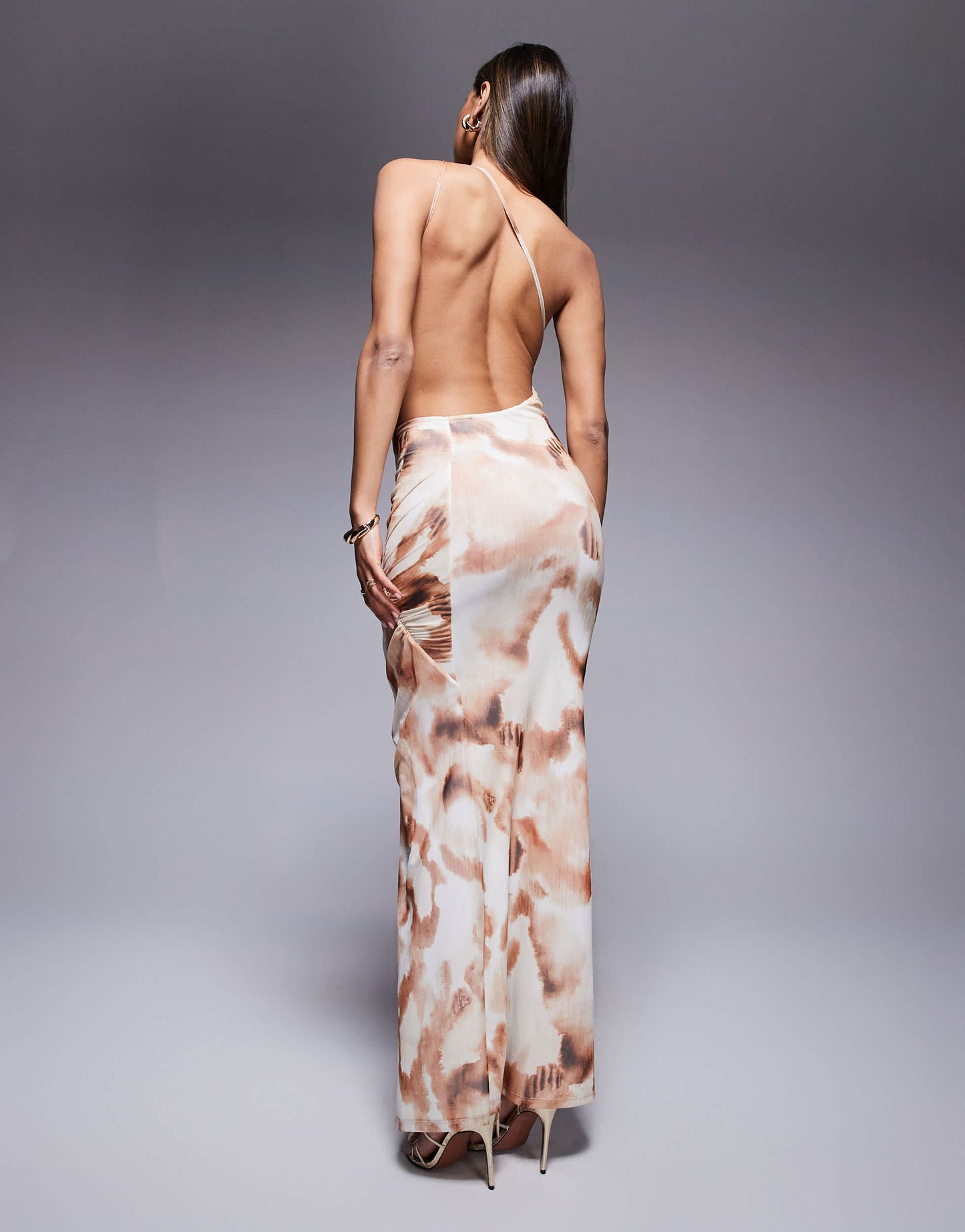 ASOD DESIGN one shoulder with ruching detail maxi dress in print