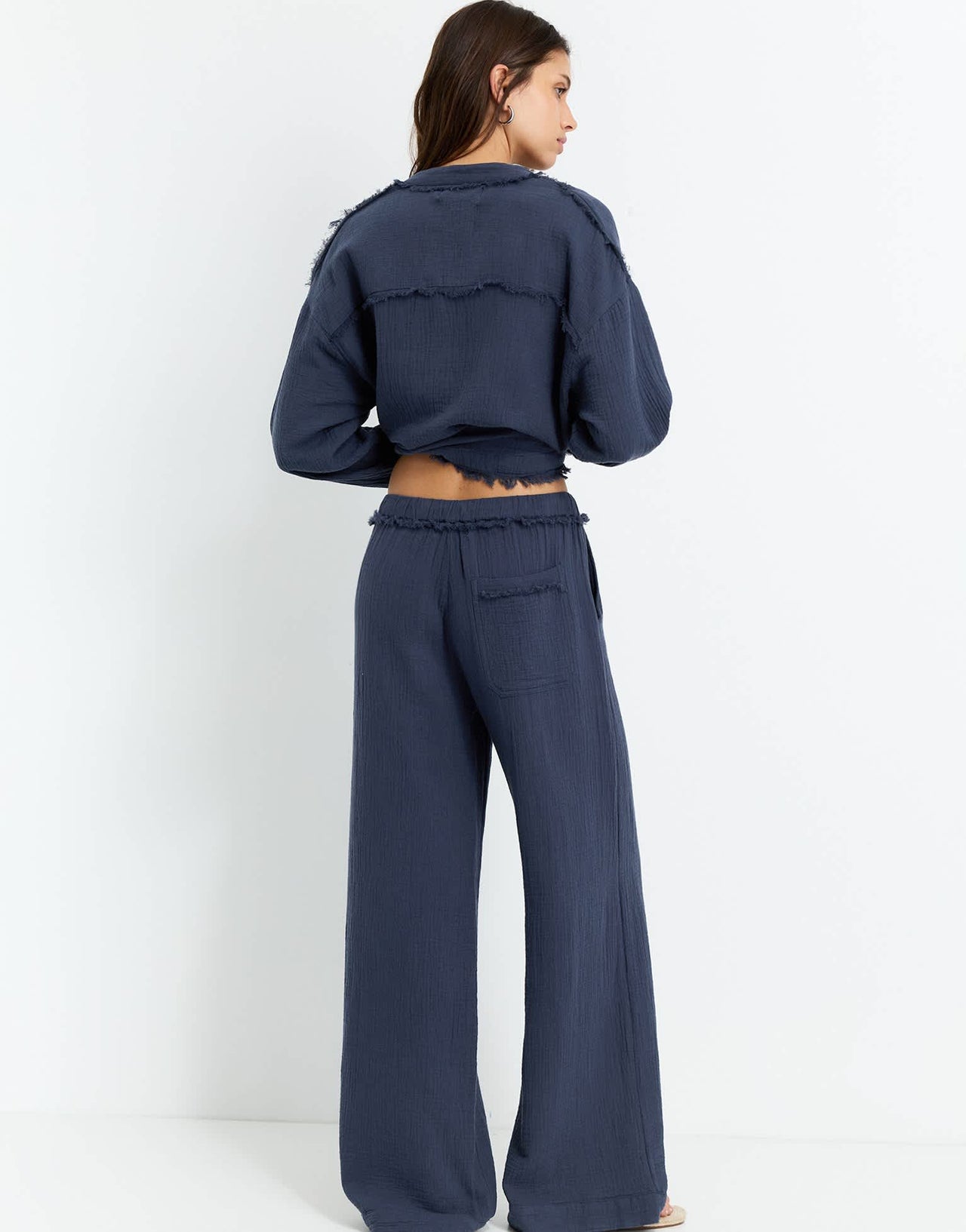 Pull&Bear textured crinkle wide leg trouser in navy