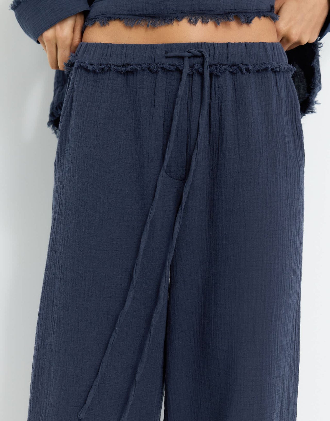 Pull&Bear textured crinkle wide leg trouser in navy