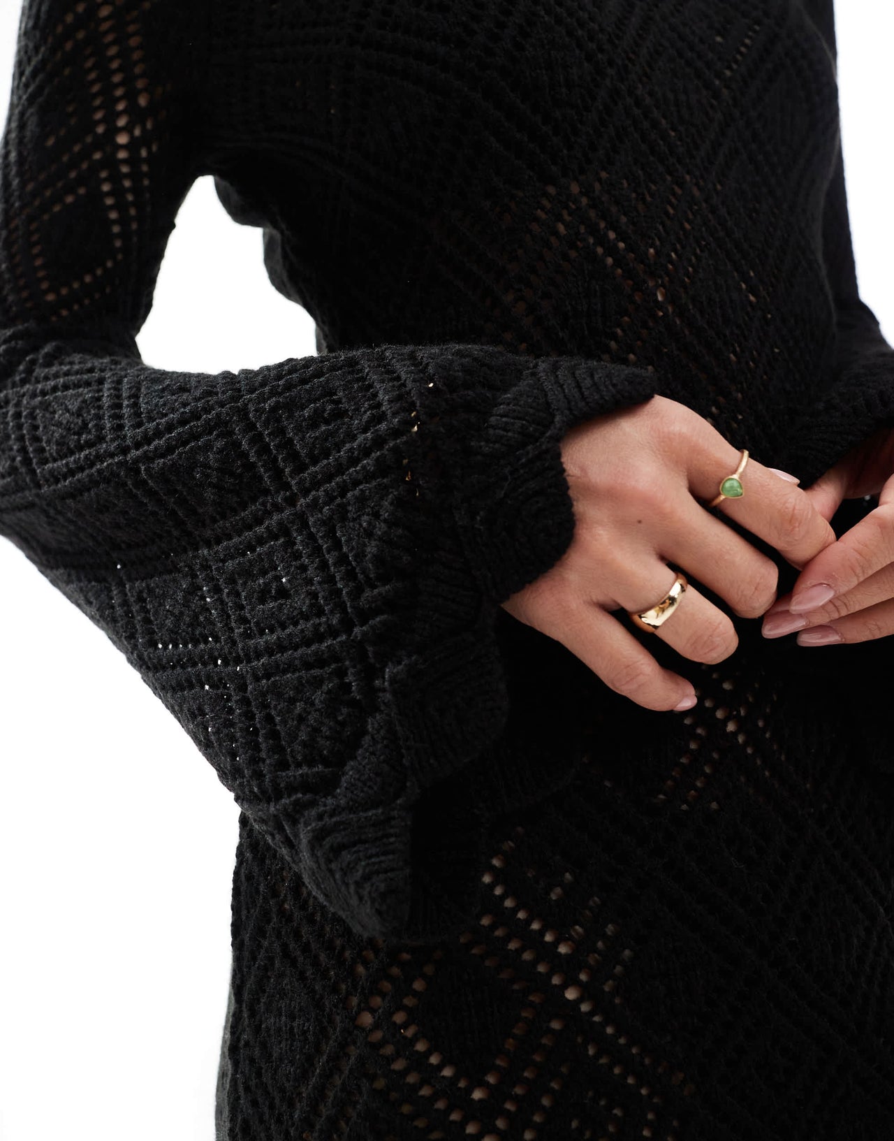 Miss Selfridge wide sleeve scallop hem knitted beach dress in black