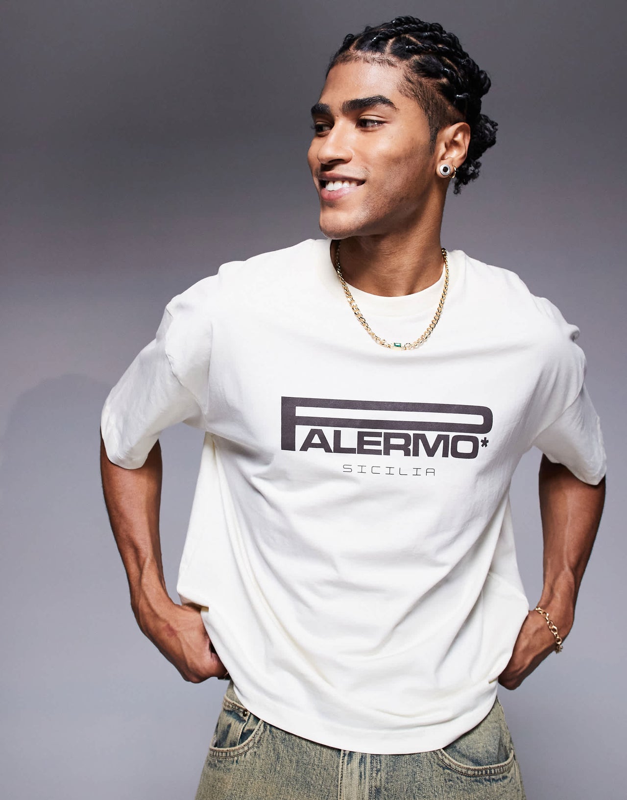 ASOS DESIGN boxy oversized t-shirt with city text graphic in cream