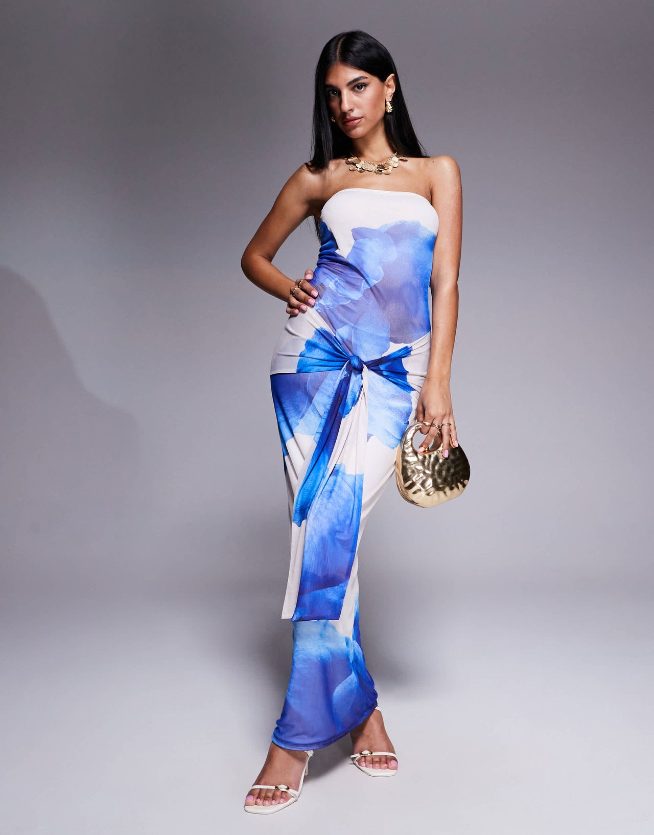 Kaiia exclusive double layered slinky mesh floral tie waist drape detail maxi dress in blue and ivory
