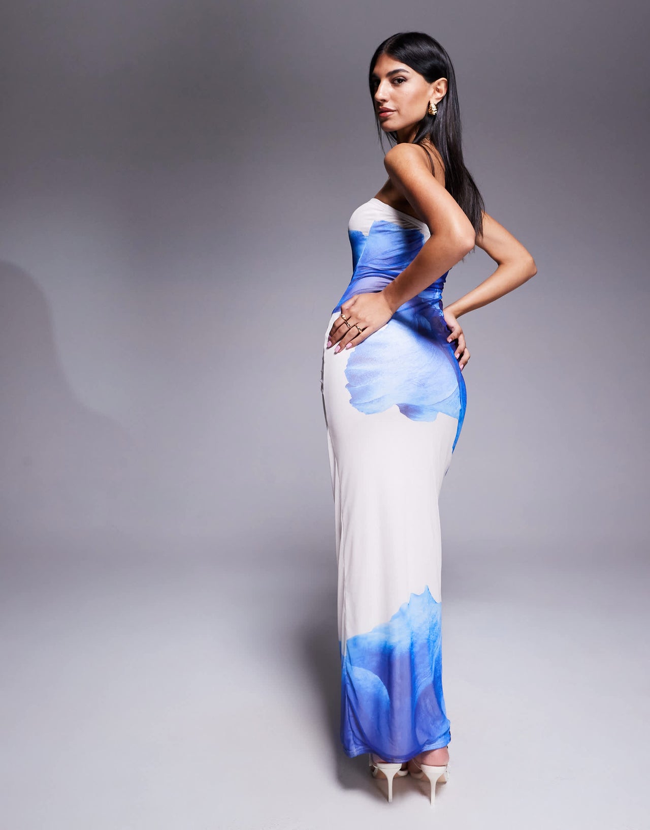 Kaiia exclusive double layered slinky mesh floral tie waist drape detail maxi dress in blue and ivory