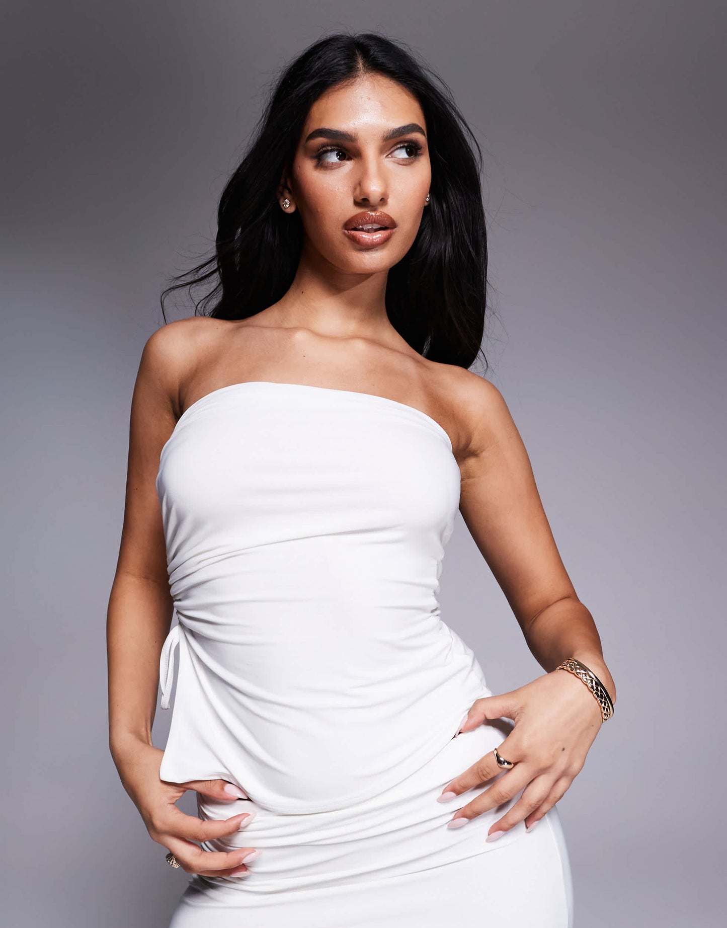 Kaiia exclusive double layered slinky bandeau gathered tie side top co-ord in white