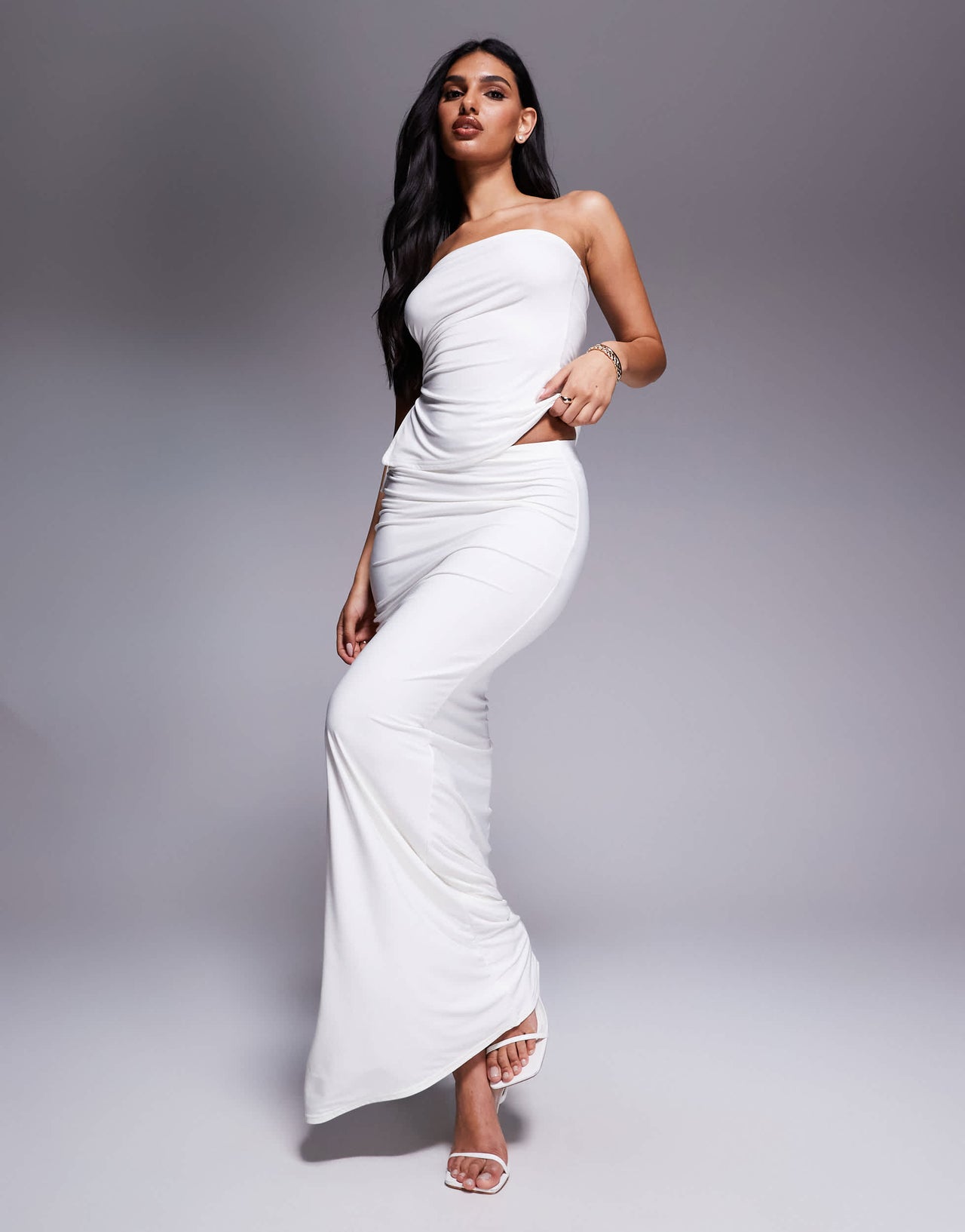 Kaiia exclusive double layered slinky gathered tie side thigh split maxi skirt co-ord in white