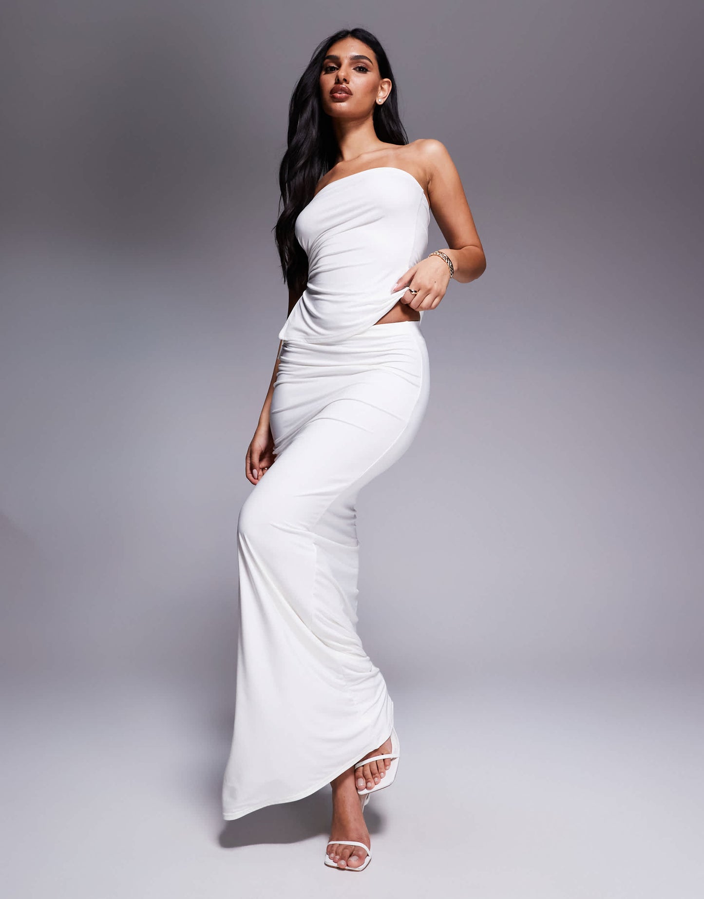 Kaiia exclusive double layered slinky gathered tie side thigh split maxi skirt co-ord in white