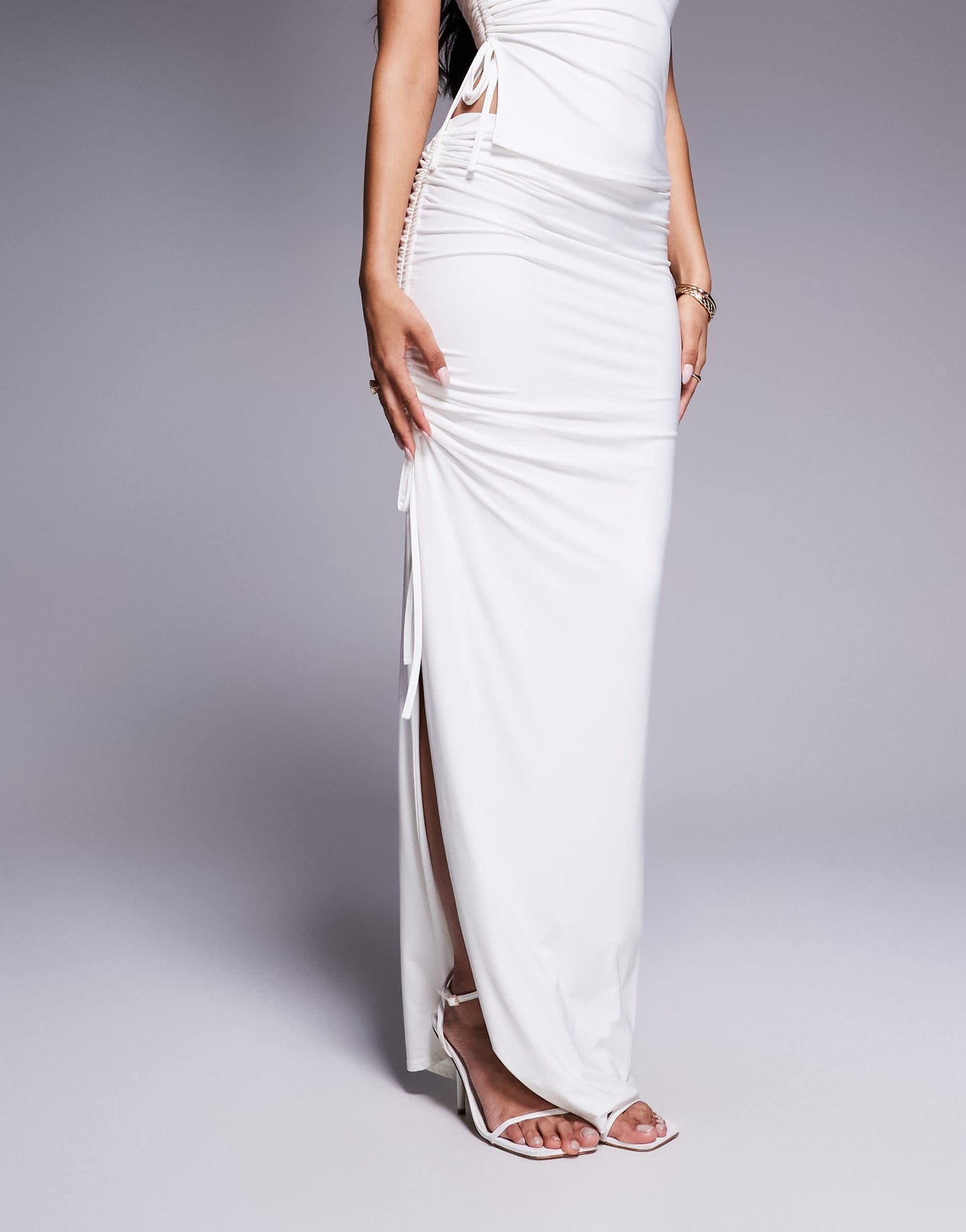 Kaiia exclusive double layered slinky gathered tie side thigh split maxi skirt co-ord in white