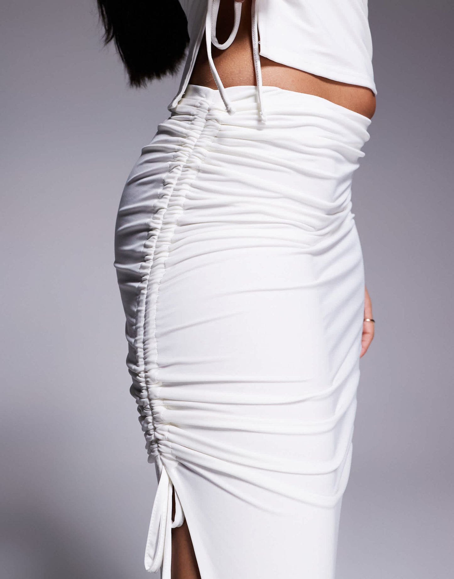 Kaiia exclusive double layered slinky gathered tie side thigh split maxi skirt co-ord in white