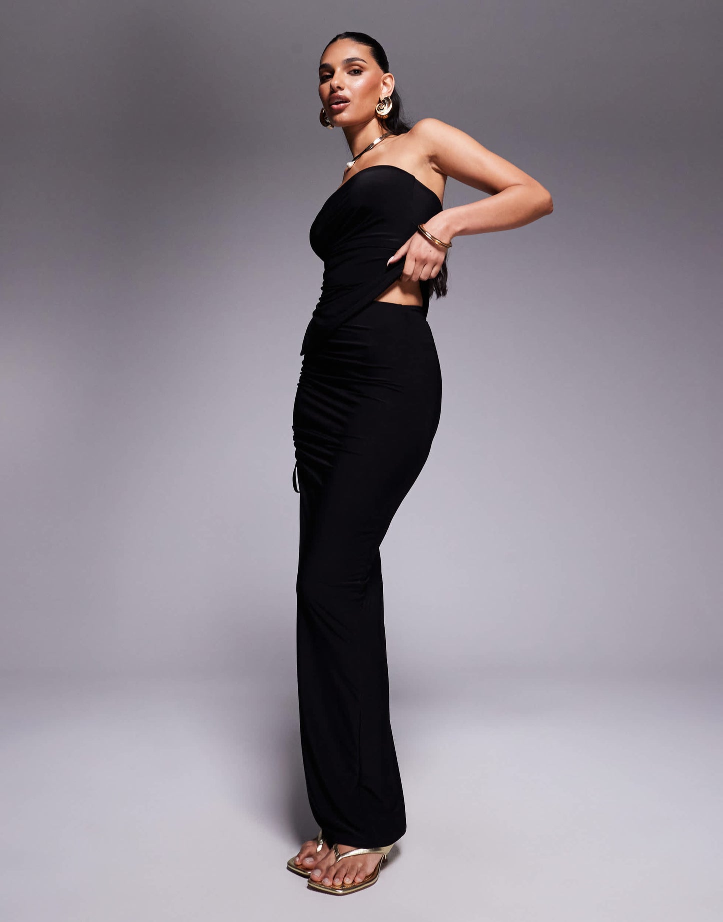 Kaiia exclusive double layered slinky bandeau ruched tie side top co-ord in black