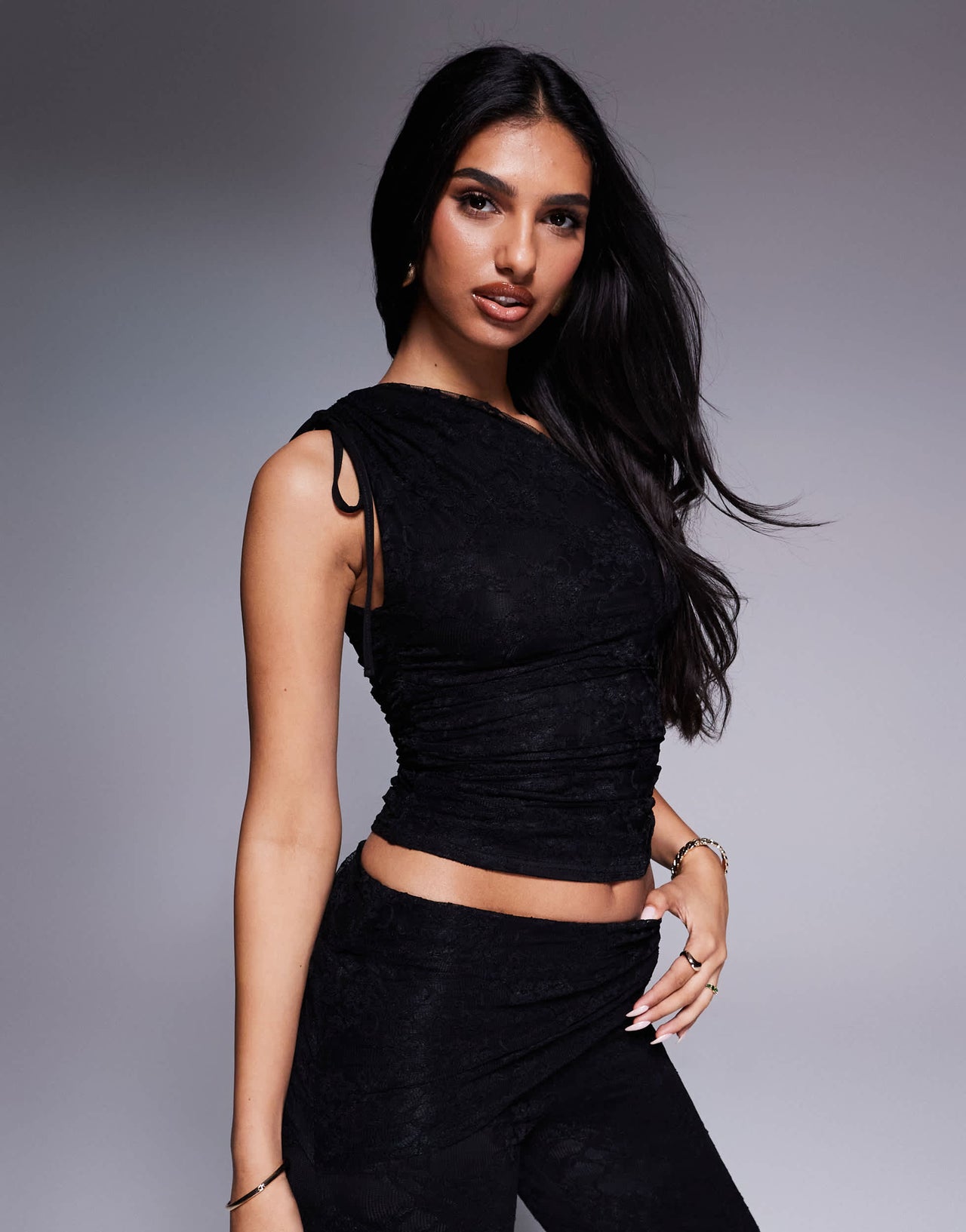 Kaiia exclusive double layered slinky gathered one shoulder lace top co-ord in black