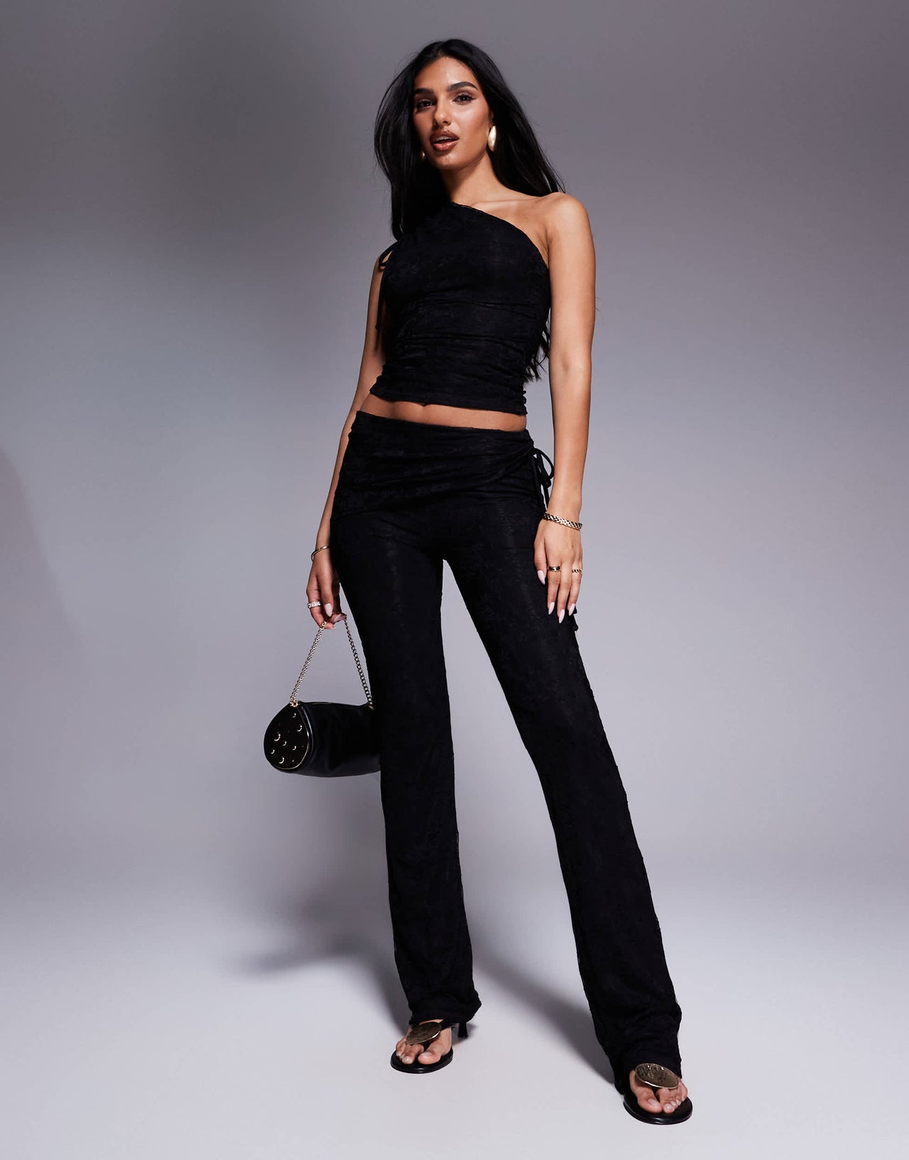 Kaiia exclusive double layered slinky gathered one shoulder lace top co-ord in black