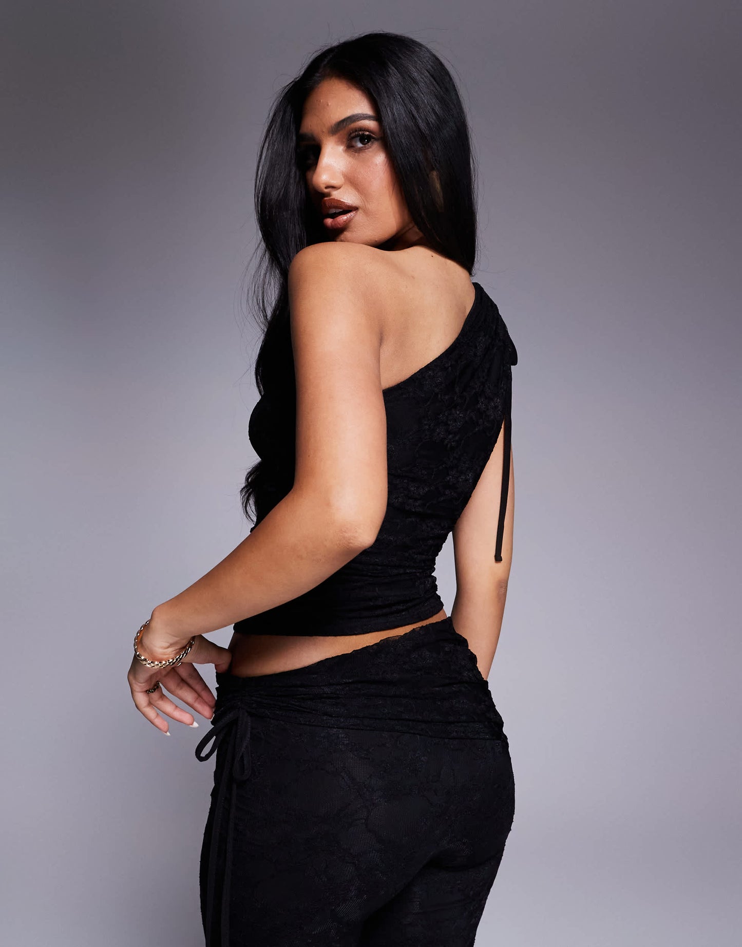 Kaiia exclusive double layered slinky gathered one shoulder lace top co-ord in black