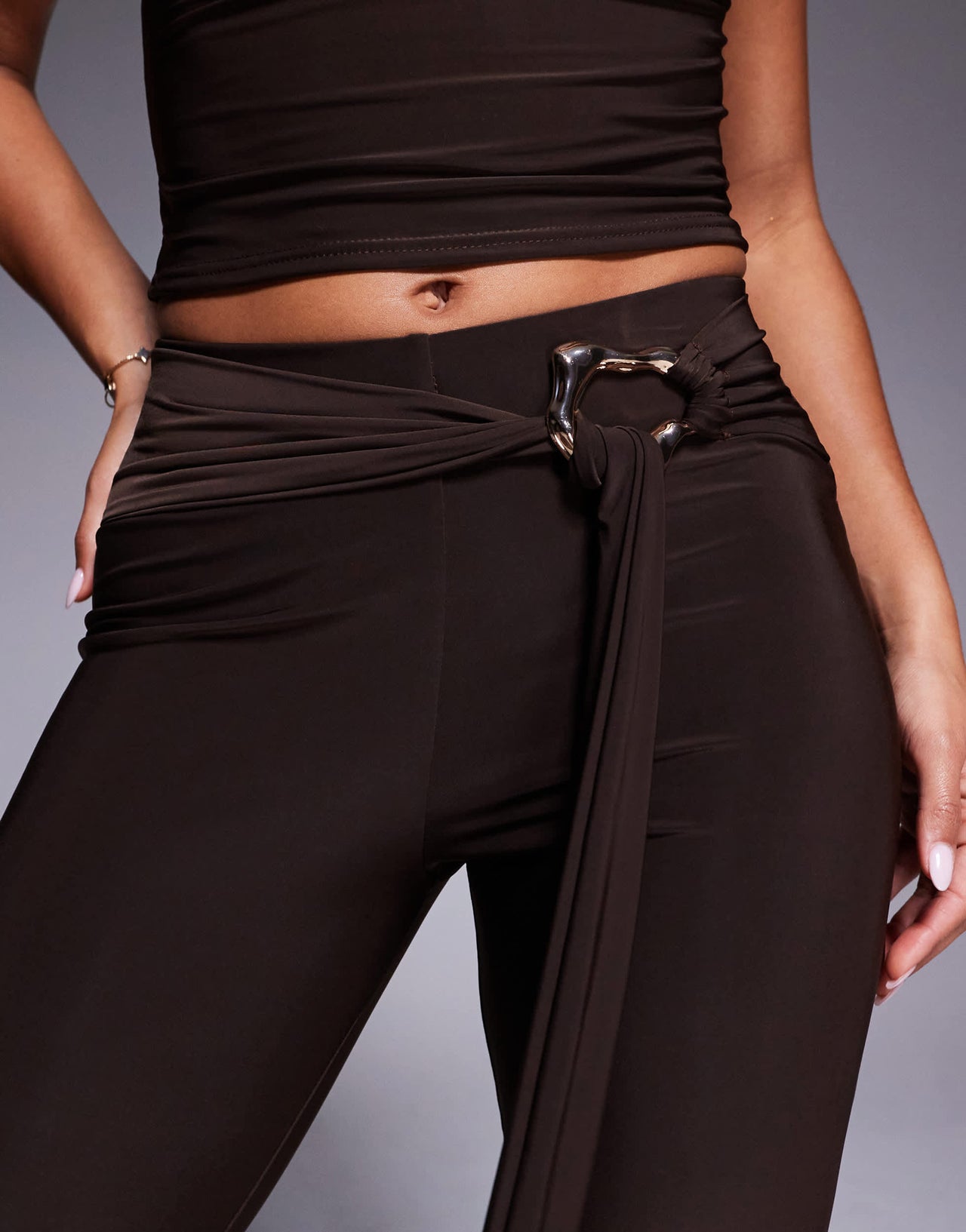 Kaiia exclusive double layered slinky gold hardware belt detail trouser co-ord in chocolate