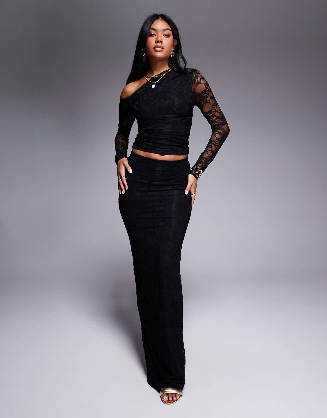 Kaiia exclusive double layered slinky lace column maxi skirt co-ord in black