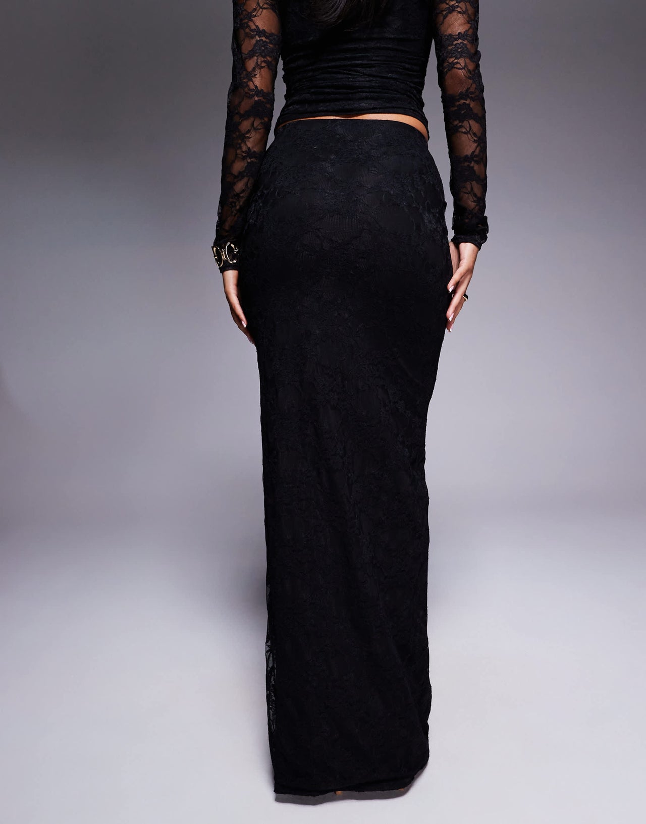 Kaiia exclusive double layered slinky lace column maxi skirt co-ord in black
