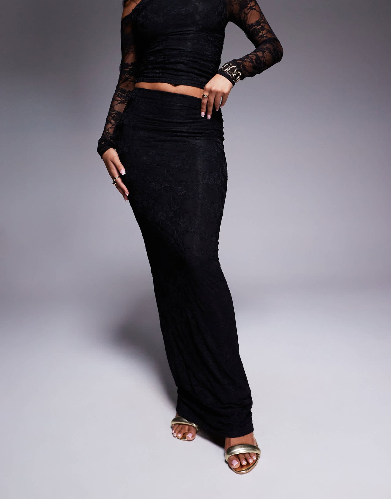 Kaiia exclusive double layered slinky lace column maxi skirt co-ord in black