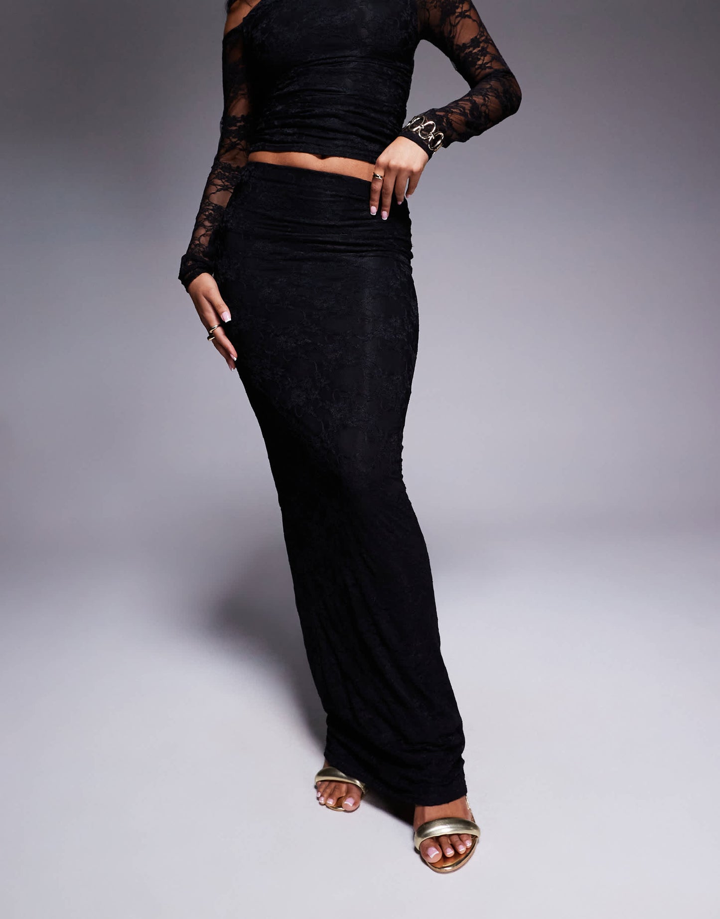 Kaiia exclusive double layered slinky lace column maxi skirt co-ord in black