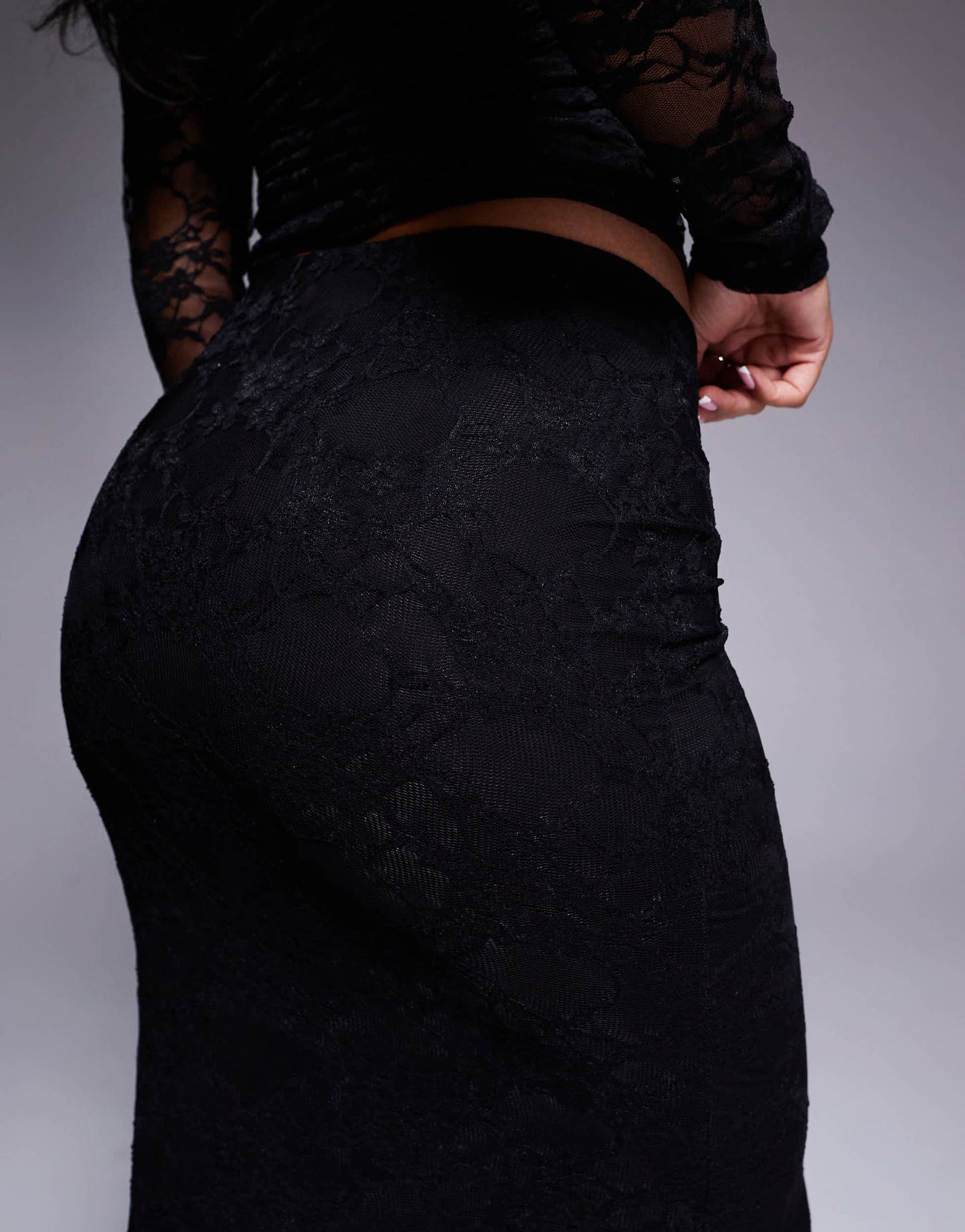 Kaiia exclusive double layered slinky lace column maxi skirt co-ord in black