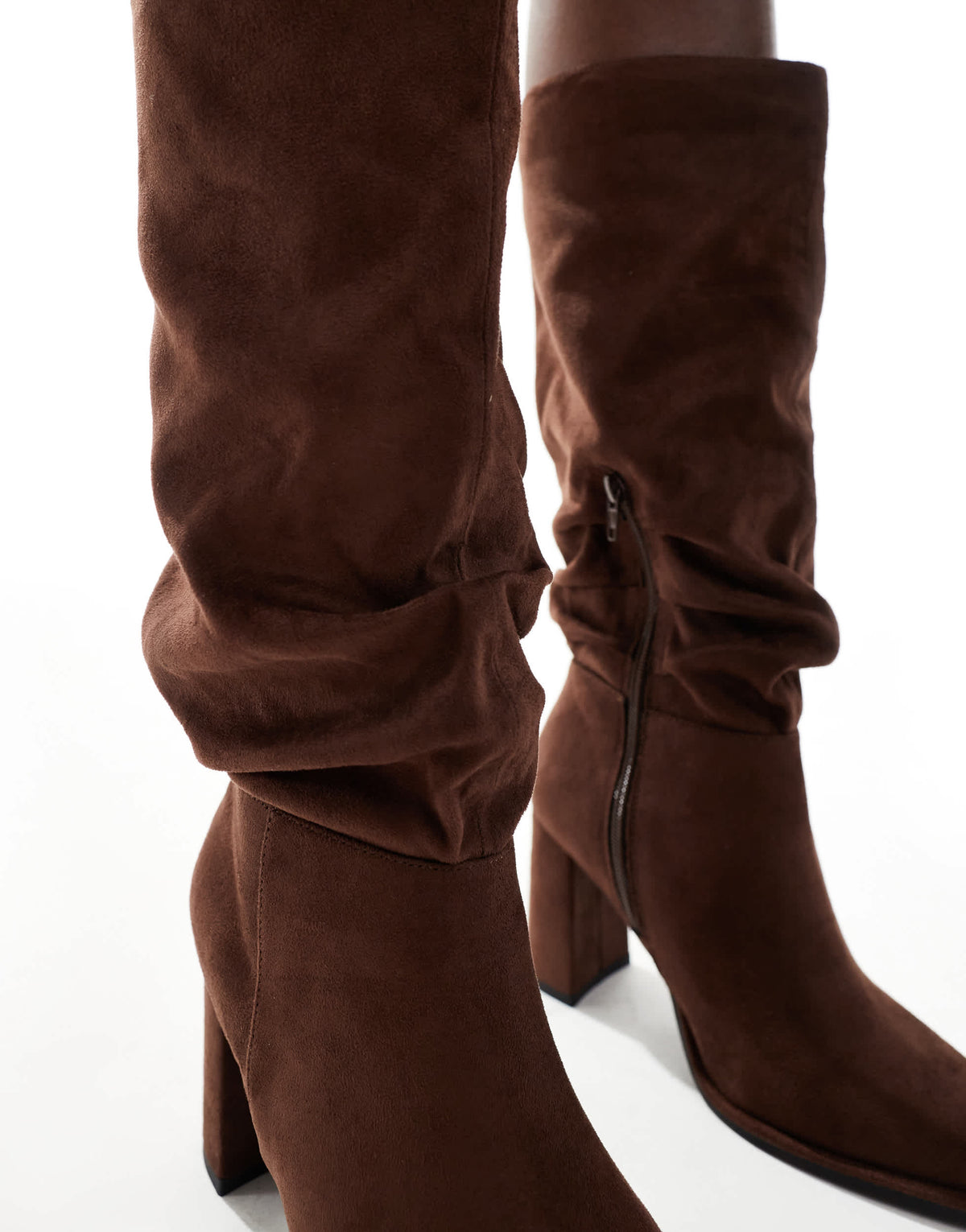 London Rebel Wide Fit Maggie slouchy block heel boots in choc micro