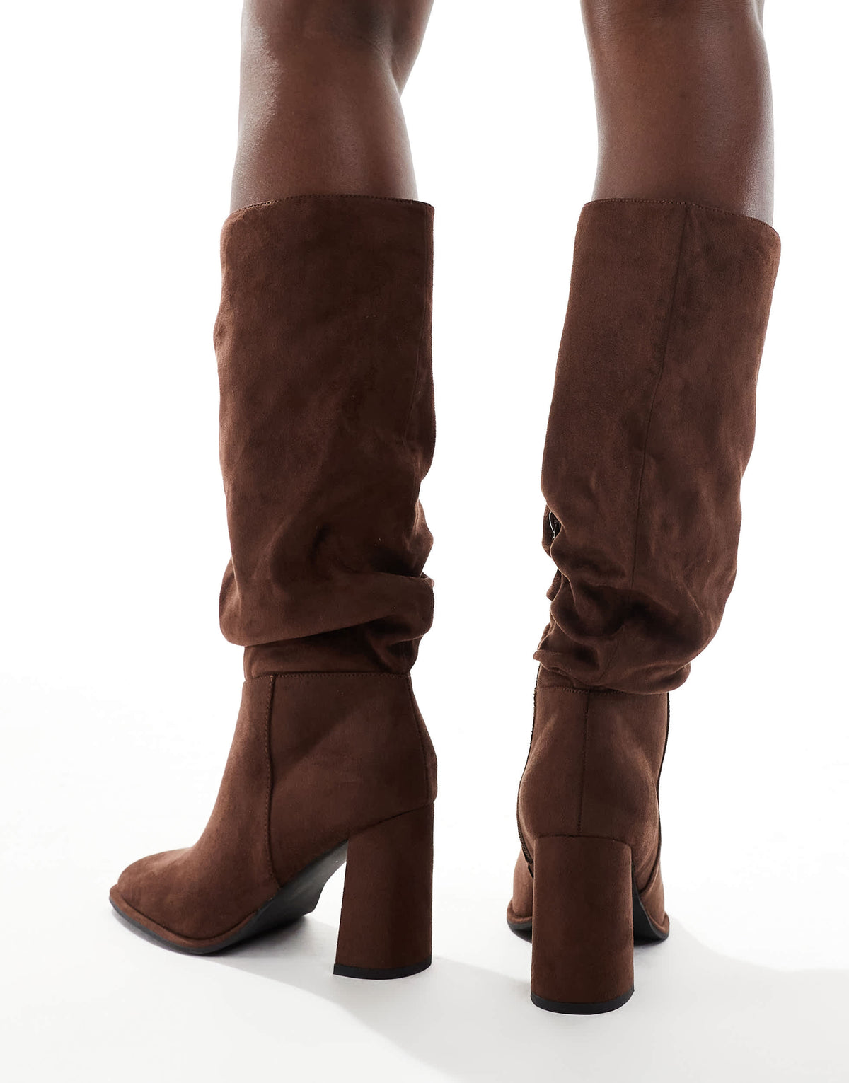 London Rebel Wide Fit Maggie slouchy block heel boots in choc micro