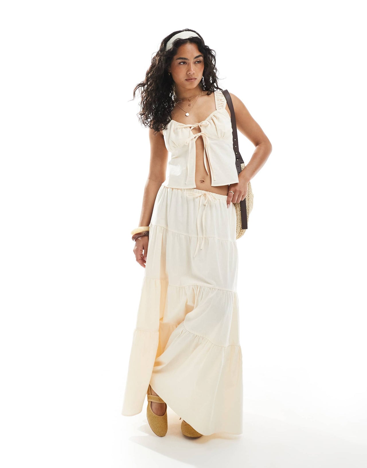 Miss Selfridge tie front cami co-ord in buttermilk