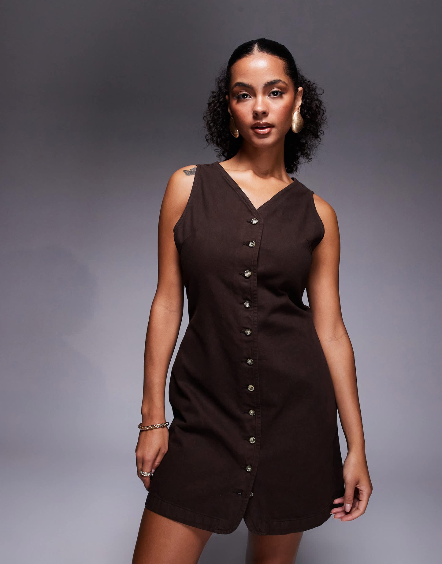 ASOS DESIGN denim V neck dress with button through in chocolate