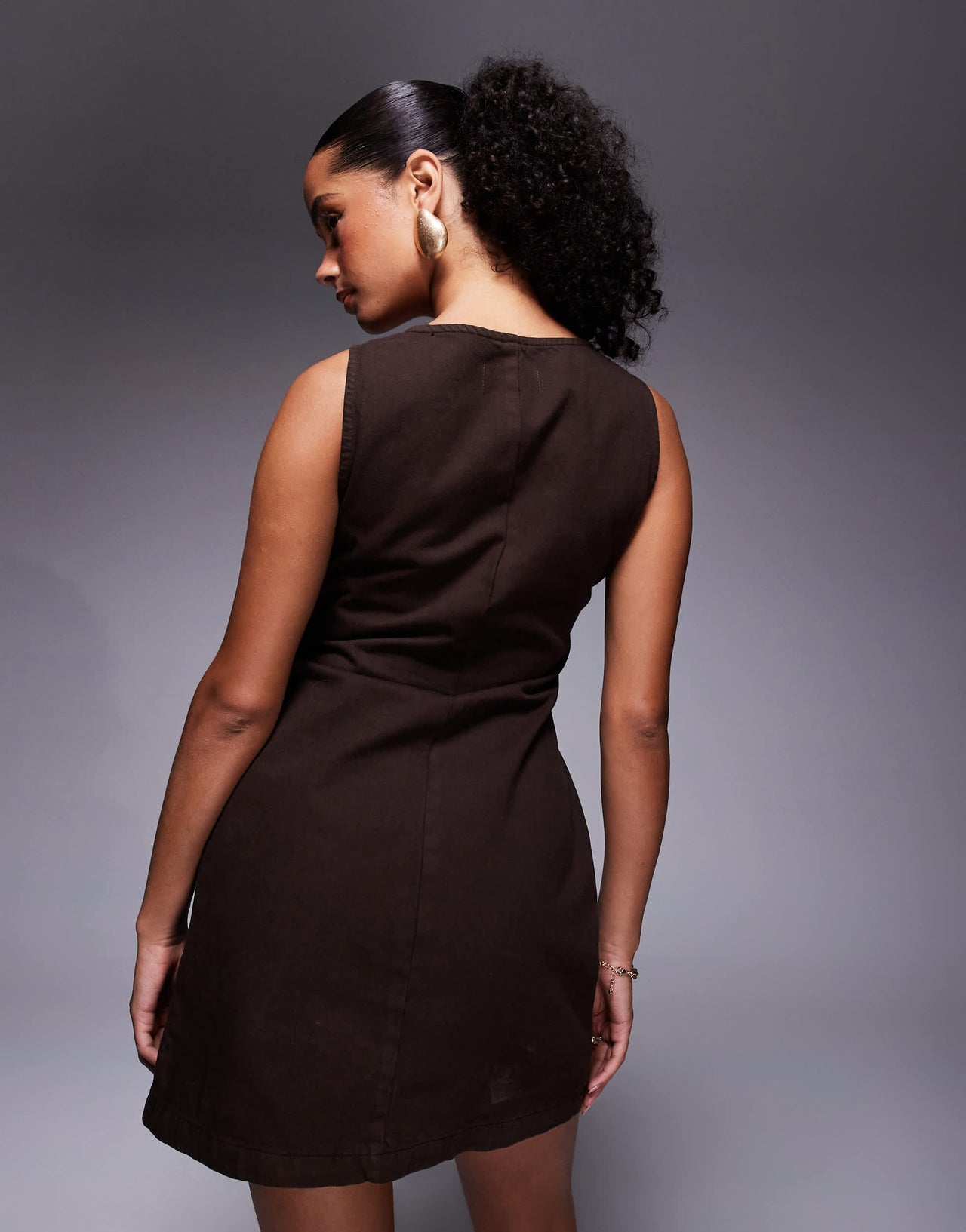 ASOS DESIGN denim V neck dress with button through in chocolate