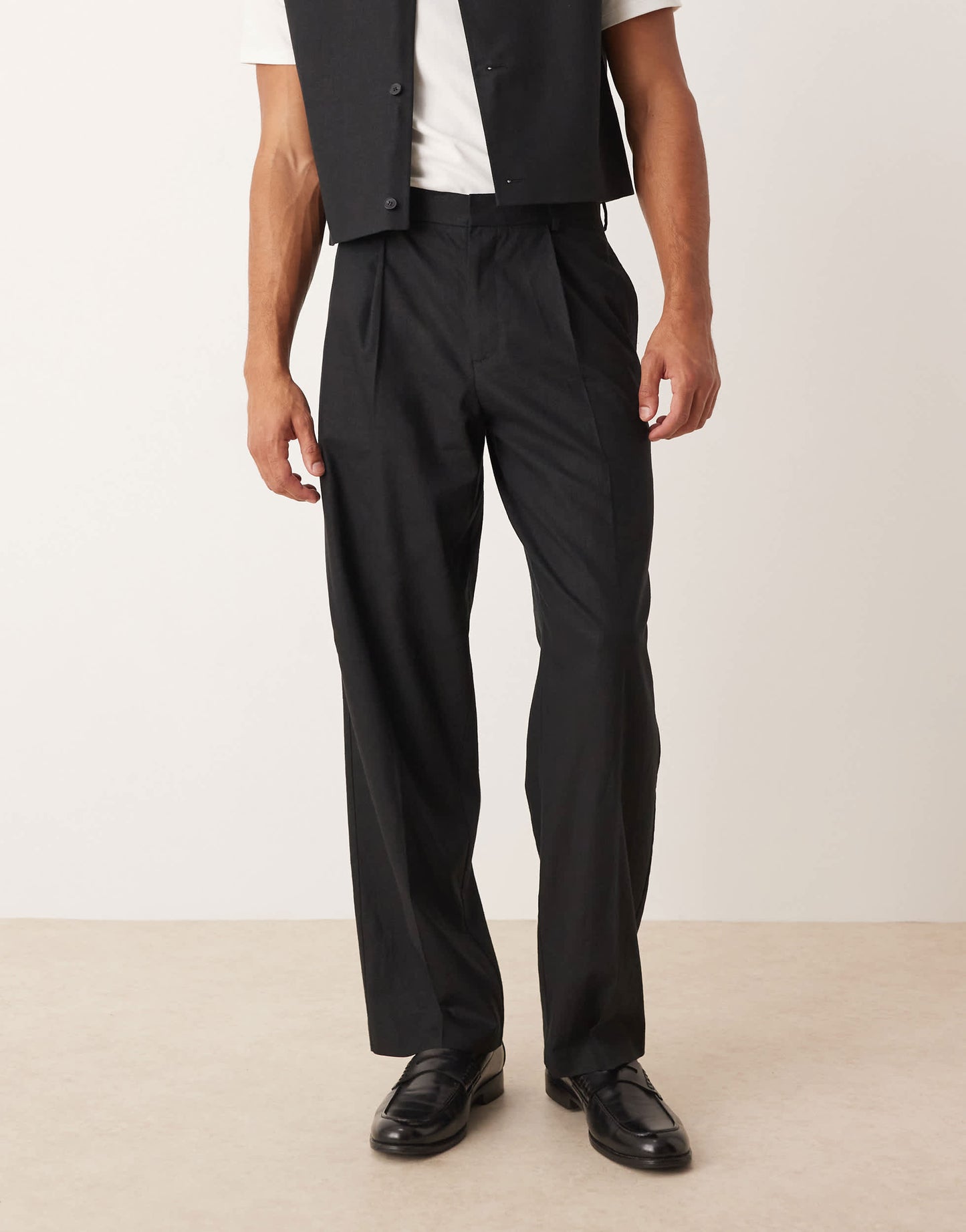 ASOS DESIGN wide leg suit trousers in black linen blend