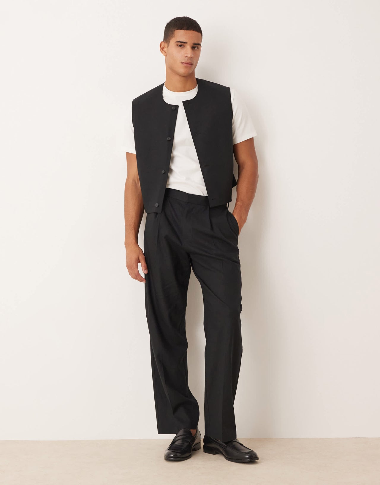 ASOS DESIGN wide leg suit trousers in black linen blend