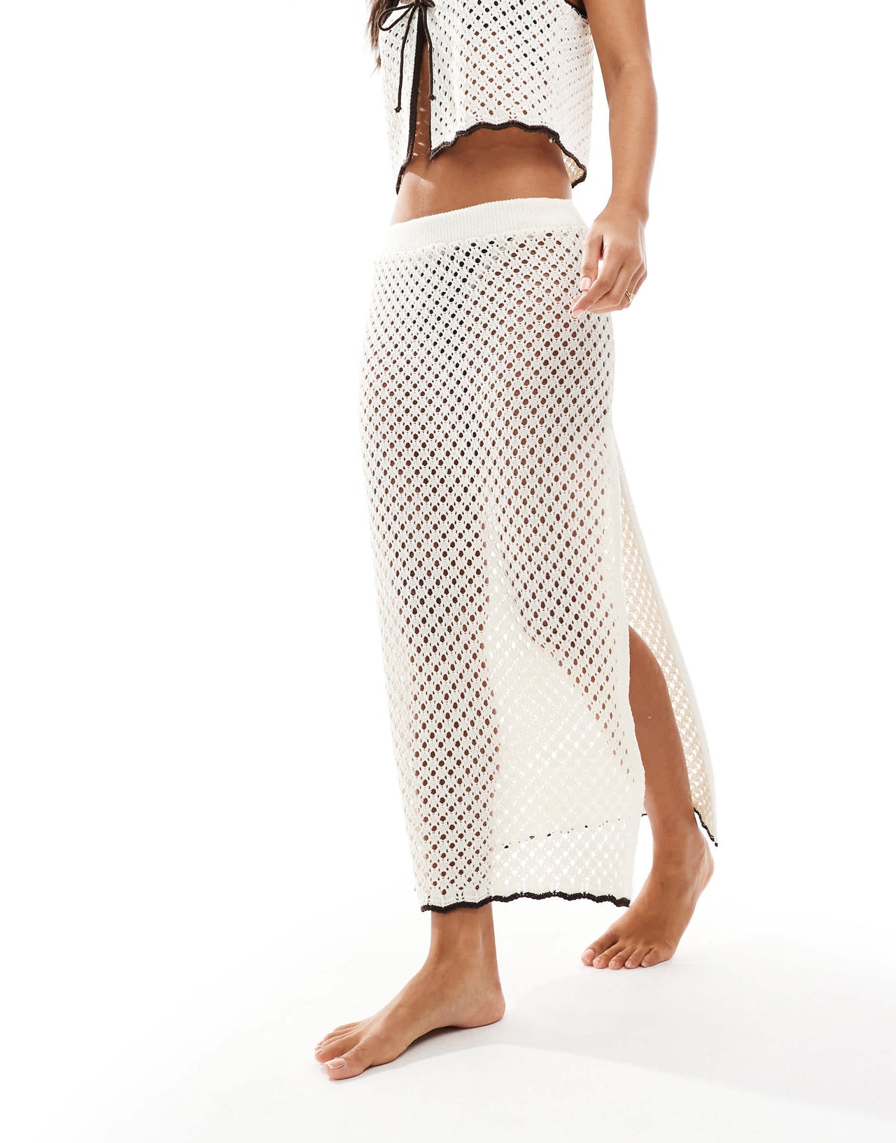 Miss Selfridge knitted tie waist maxi skirt beach co ord in ecru