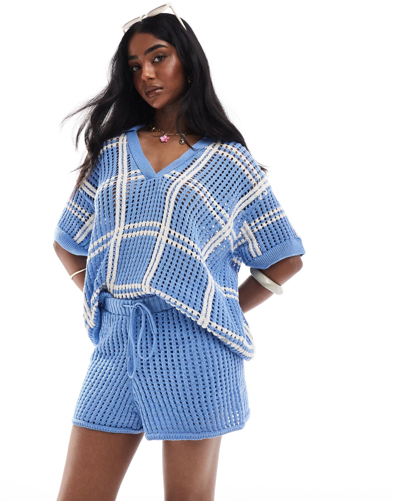 Pull&Bear crochet knitted short co-ord in blue