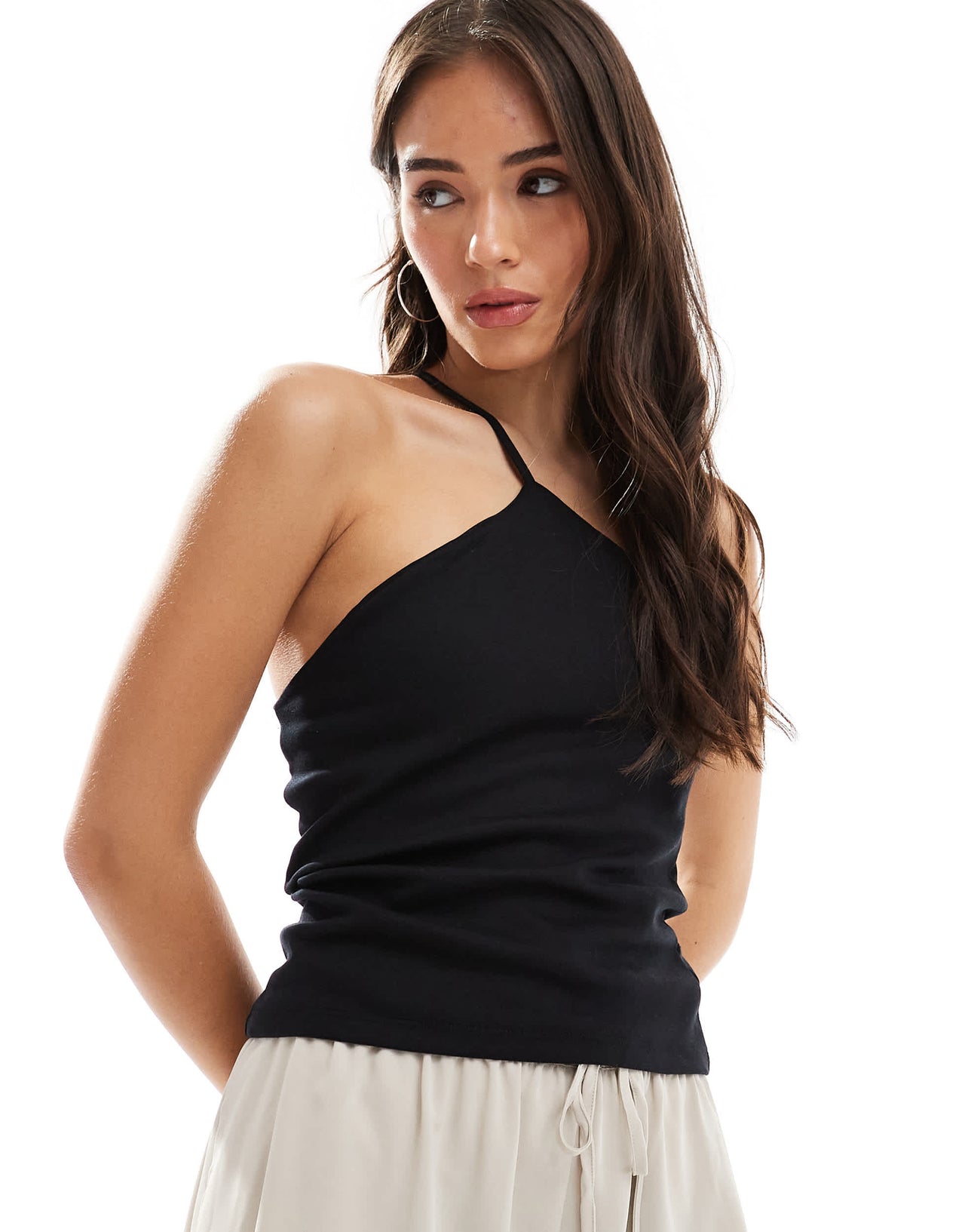 Pull&Bear one shoulder strappy top in black