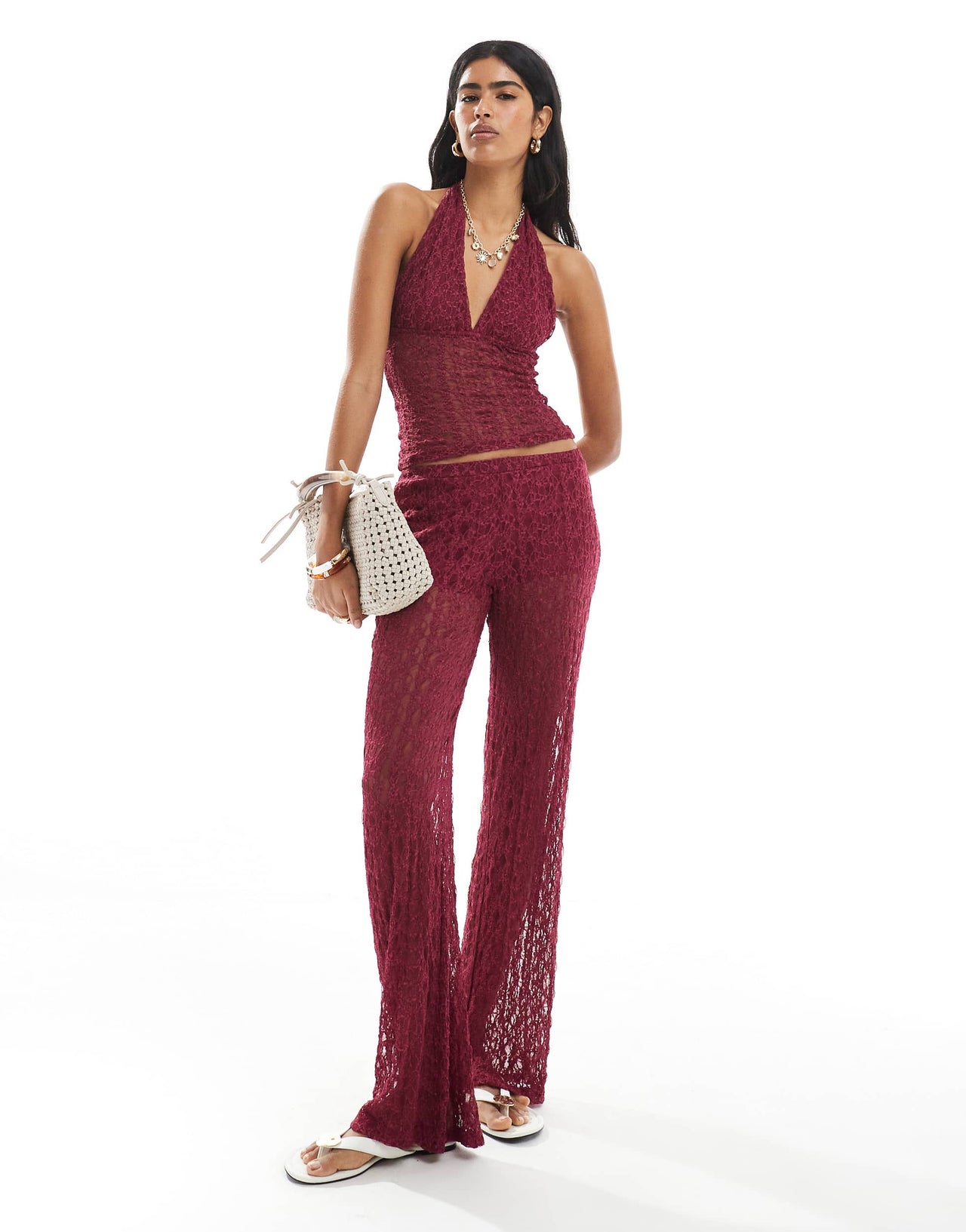 Pull&Bear lace wide leg trouser co-ord in burgundy