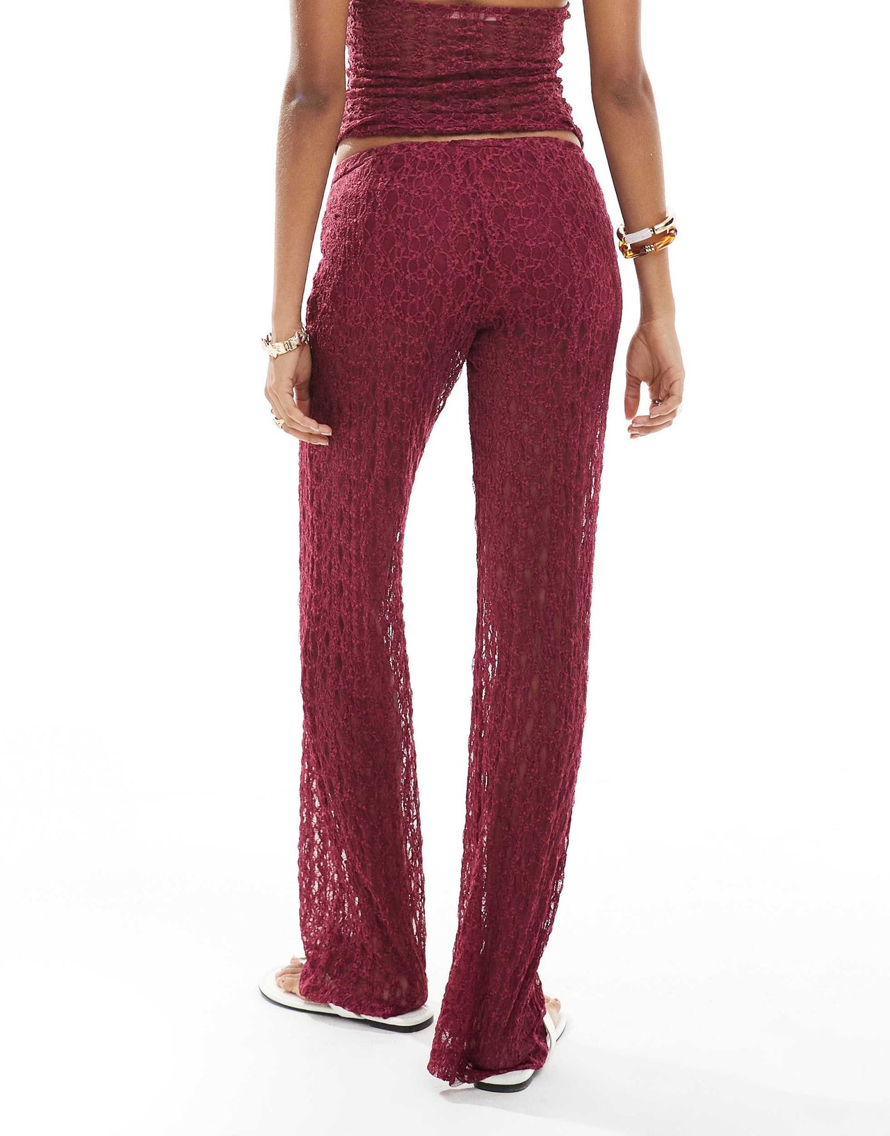 Pull&Bear lace wide leg trouser co-ord in burgundy