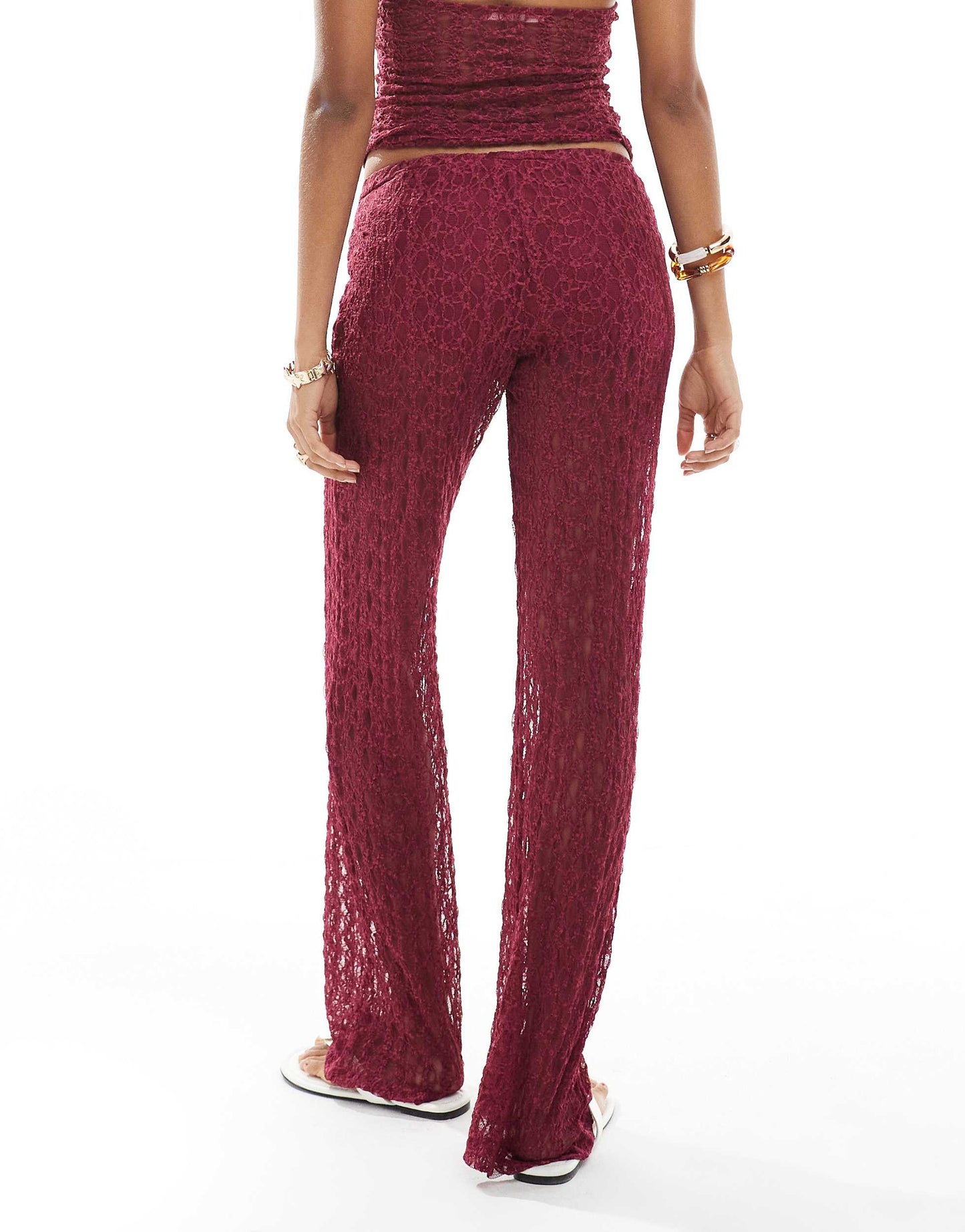 Pull&Bear lace wide leg trouser co-ord in burgundy