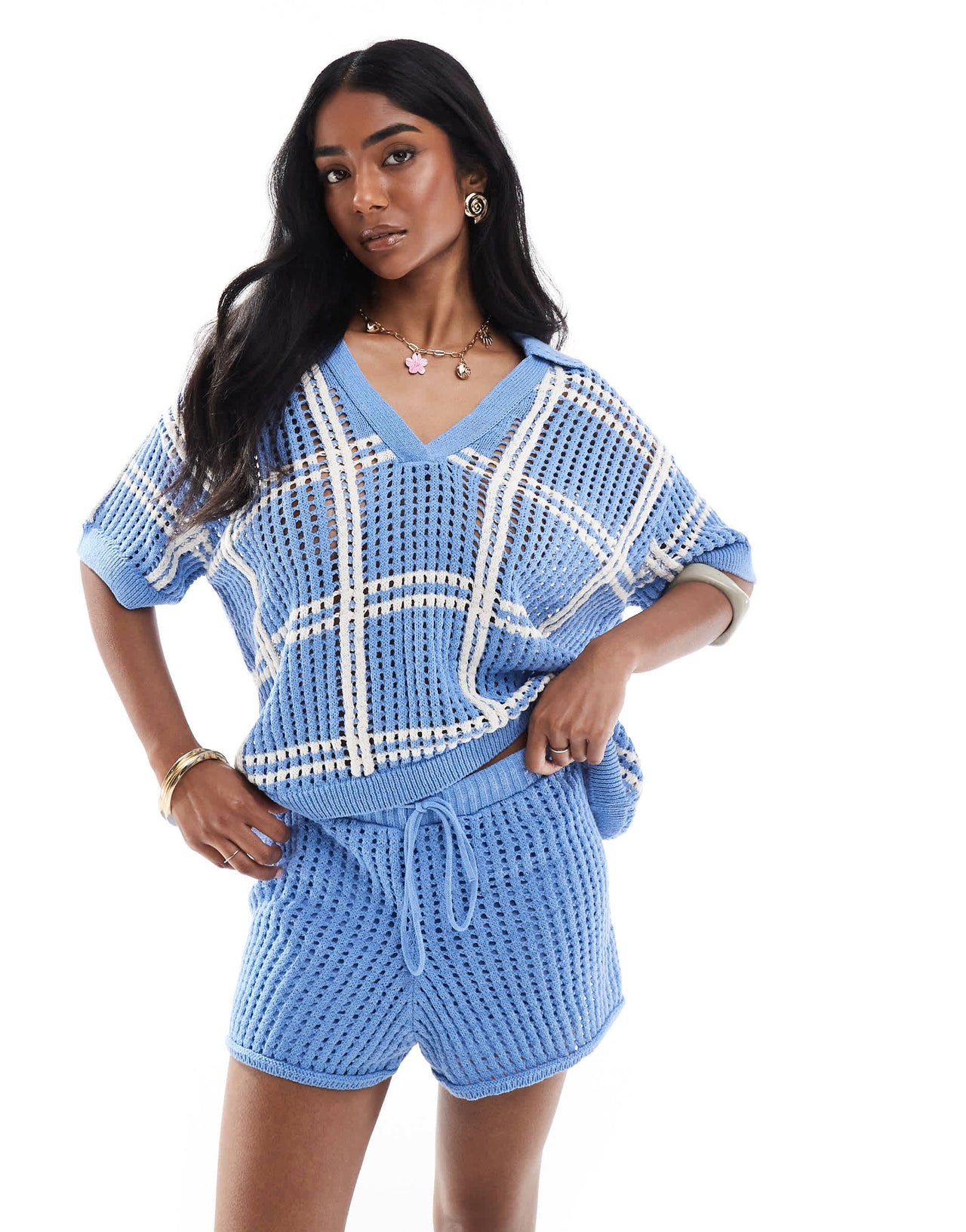 Pull&Bear crochet knitted polo top co-ord in blue check