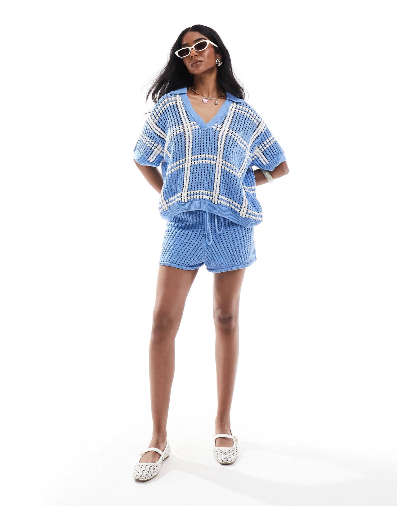 Pull&Bear crochet knitted polo top co-ord in blue check