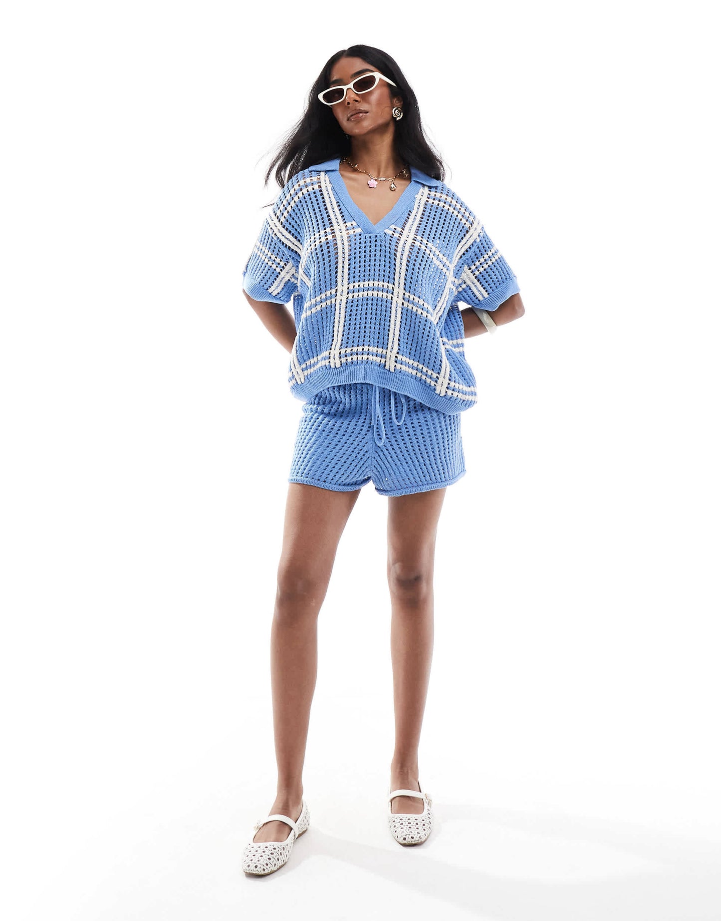 Pull&Bear crochet knitted polo top co-ord in blue check
