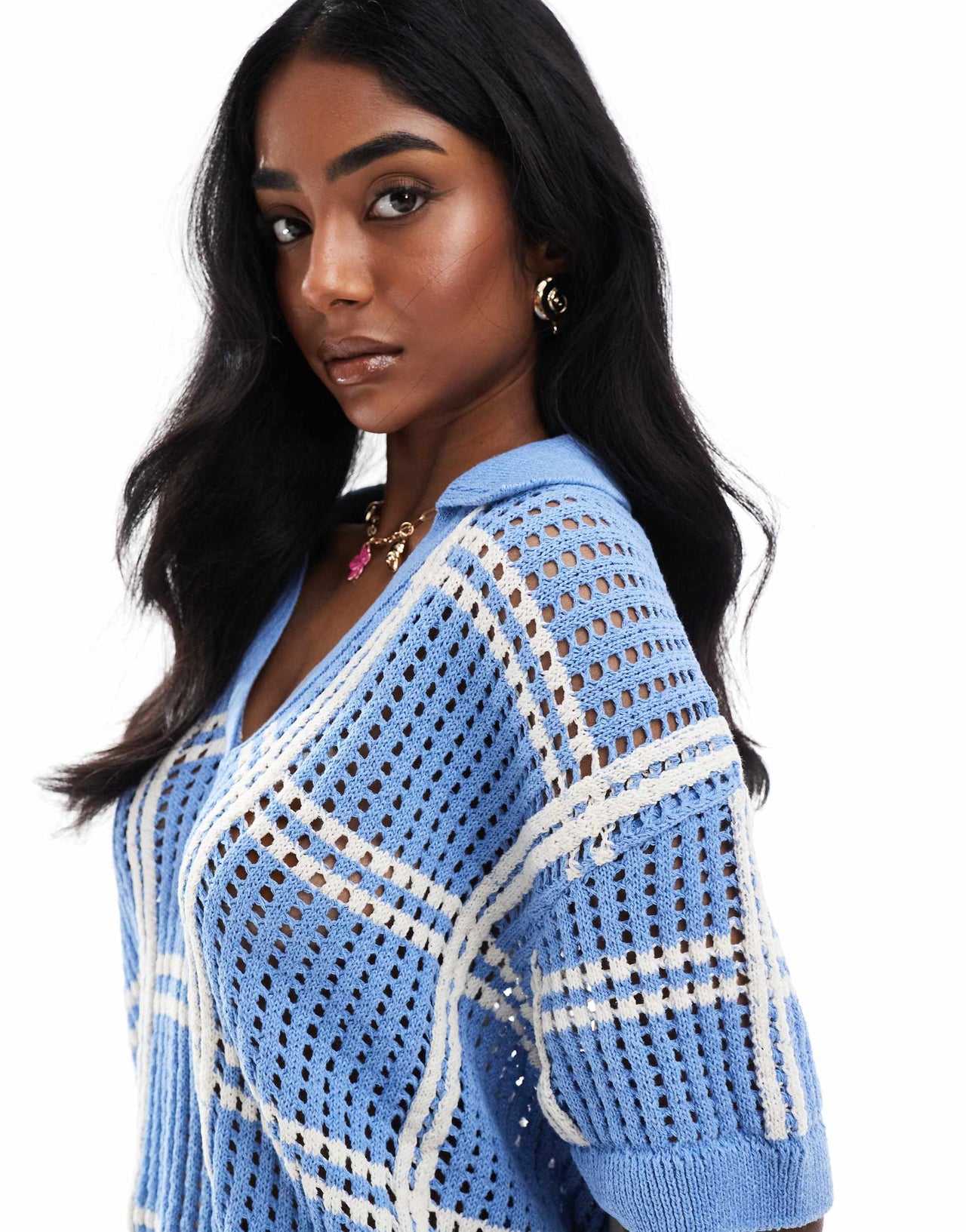 Pull&Bear crochet knitted polo top co-ord in blue check