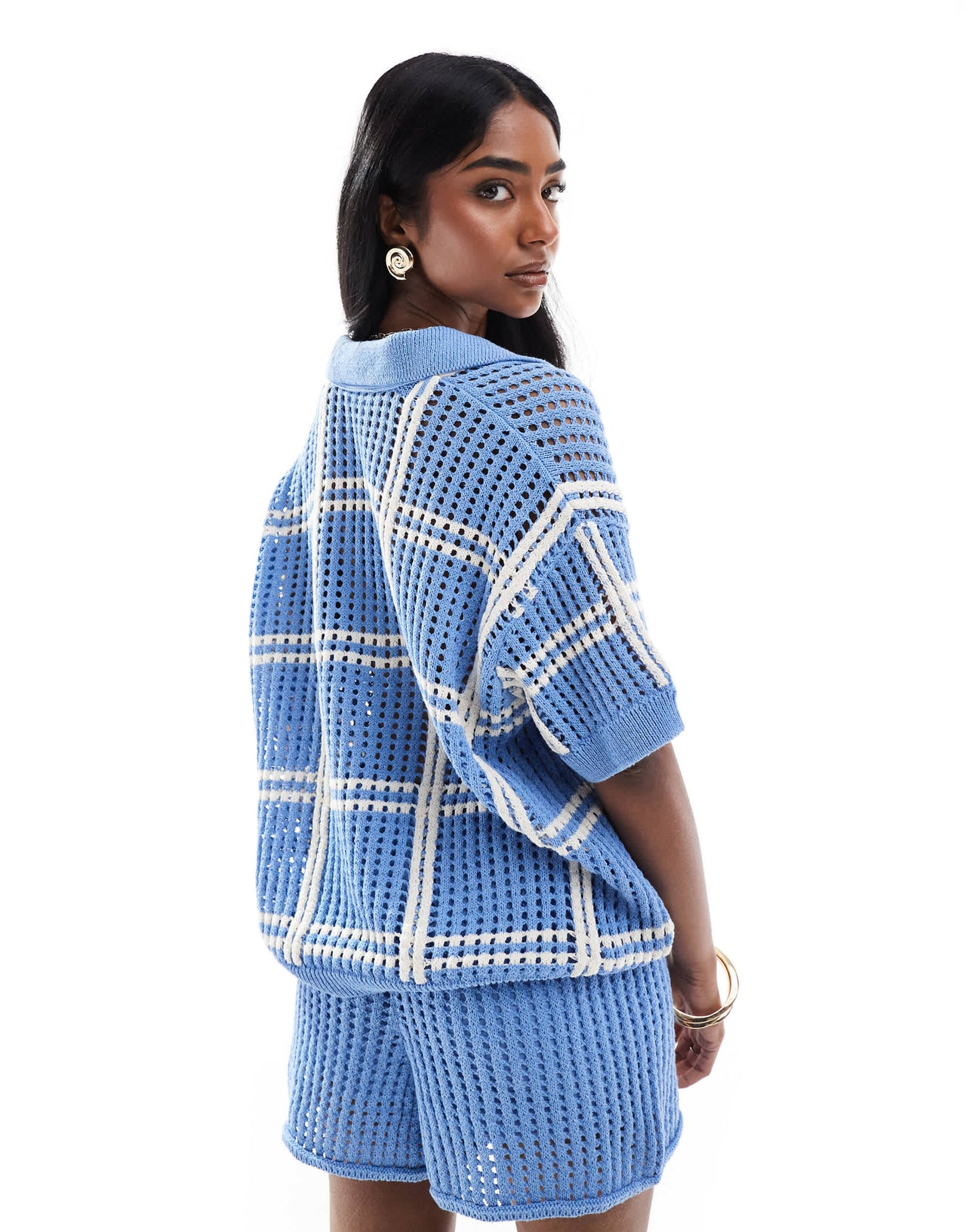 Pull&Bear crochet knitted polo top co-ord in blue check