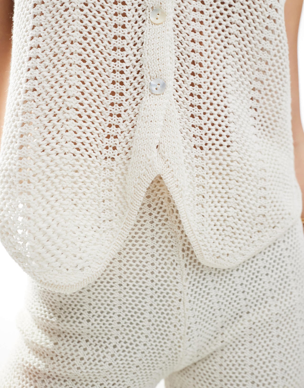 Pull&Bear crochet knitted tie front top co-ord in white