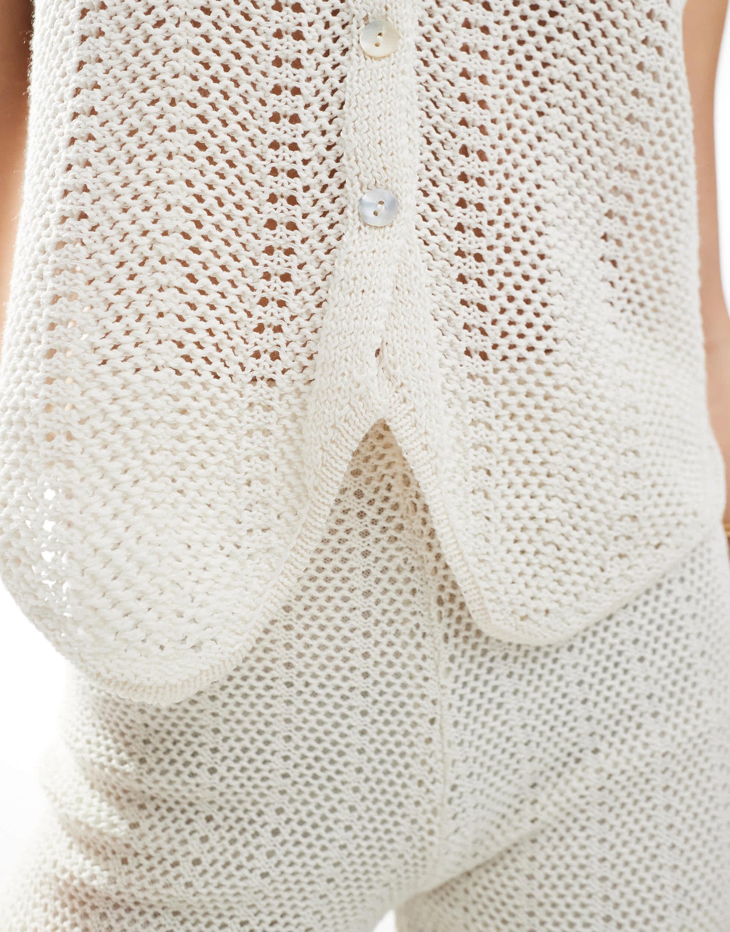 Pull&Bear crochet knitted tie front top co-ord in white