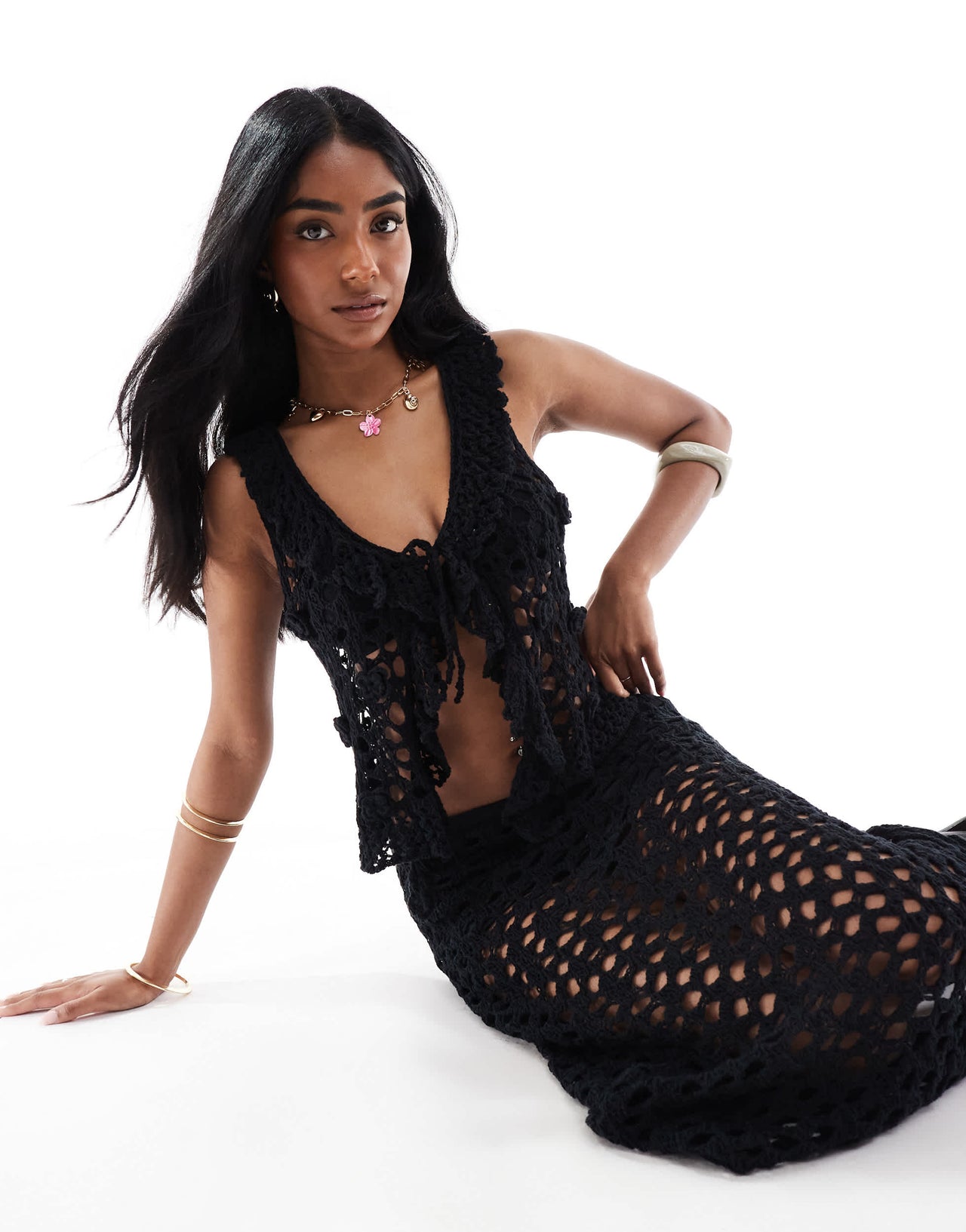 Pull&Bear crochet knitted tie front top co-ord in black