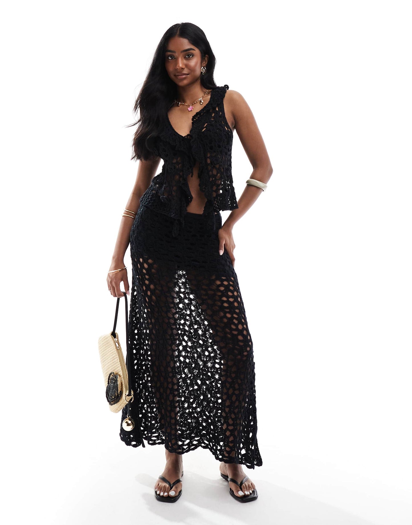 Pull&Bear crochet knitted tie front top co-ord in black
