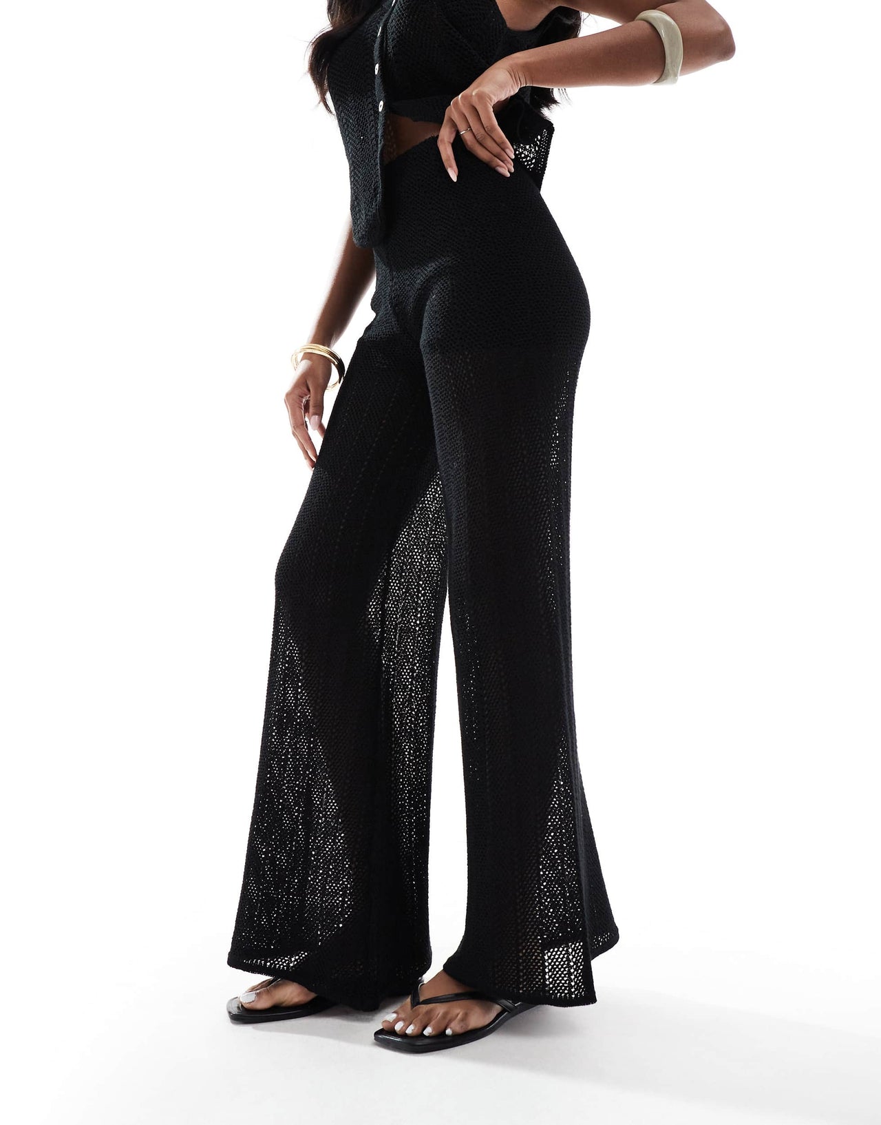 Pull&Bear crochet knitted trouser co-ord in black