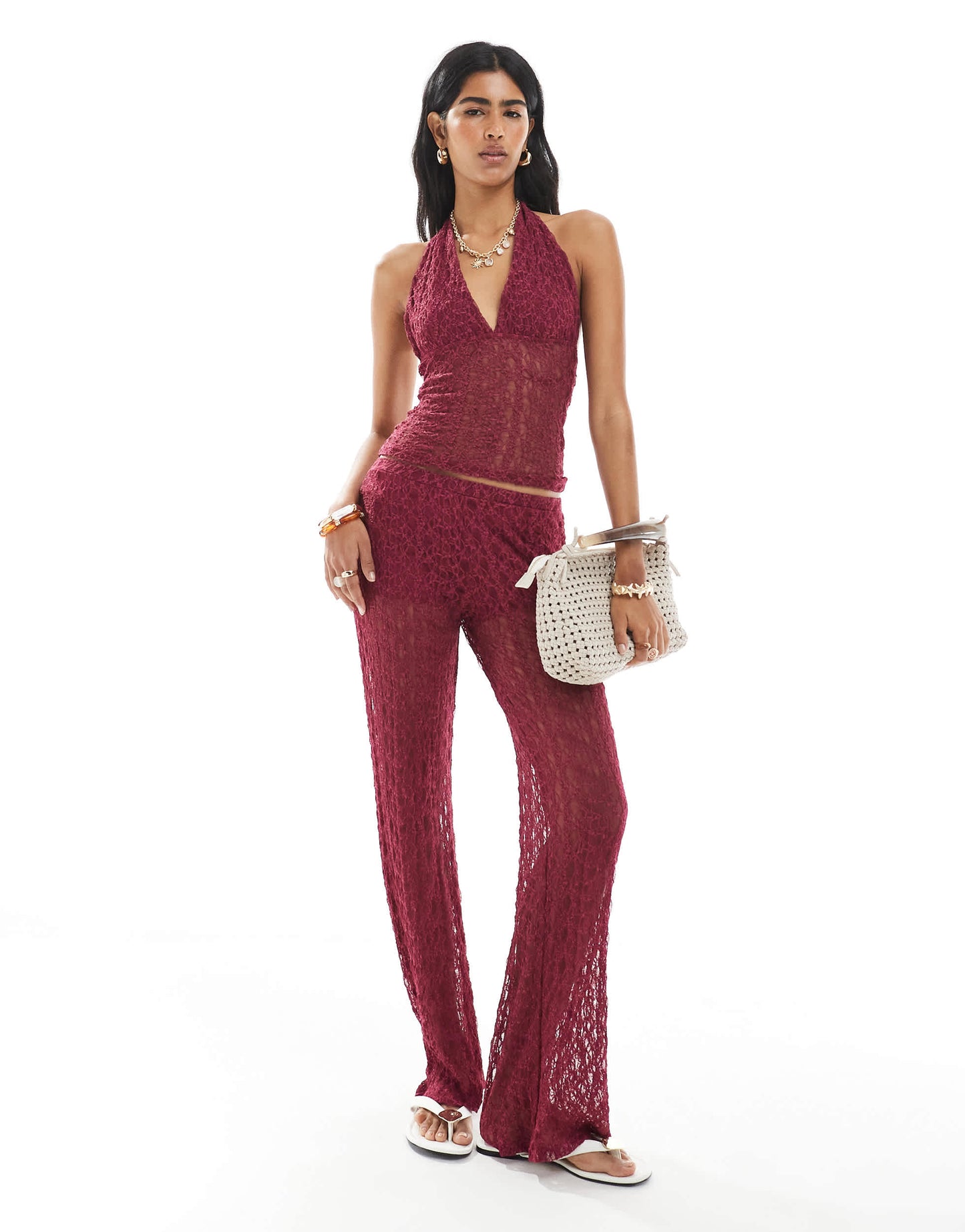 Pull&Bear lace halterneck top co-ord in burgundy