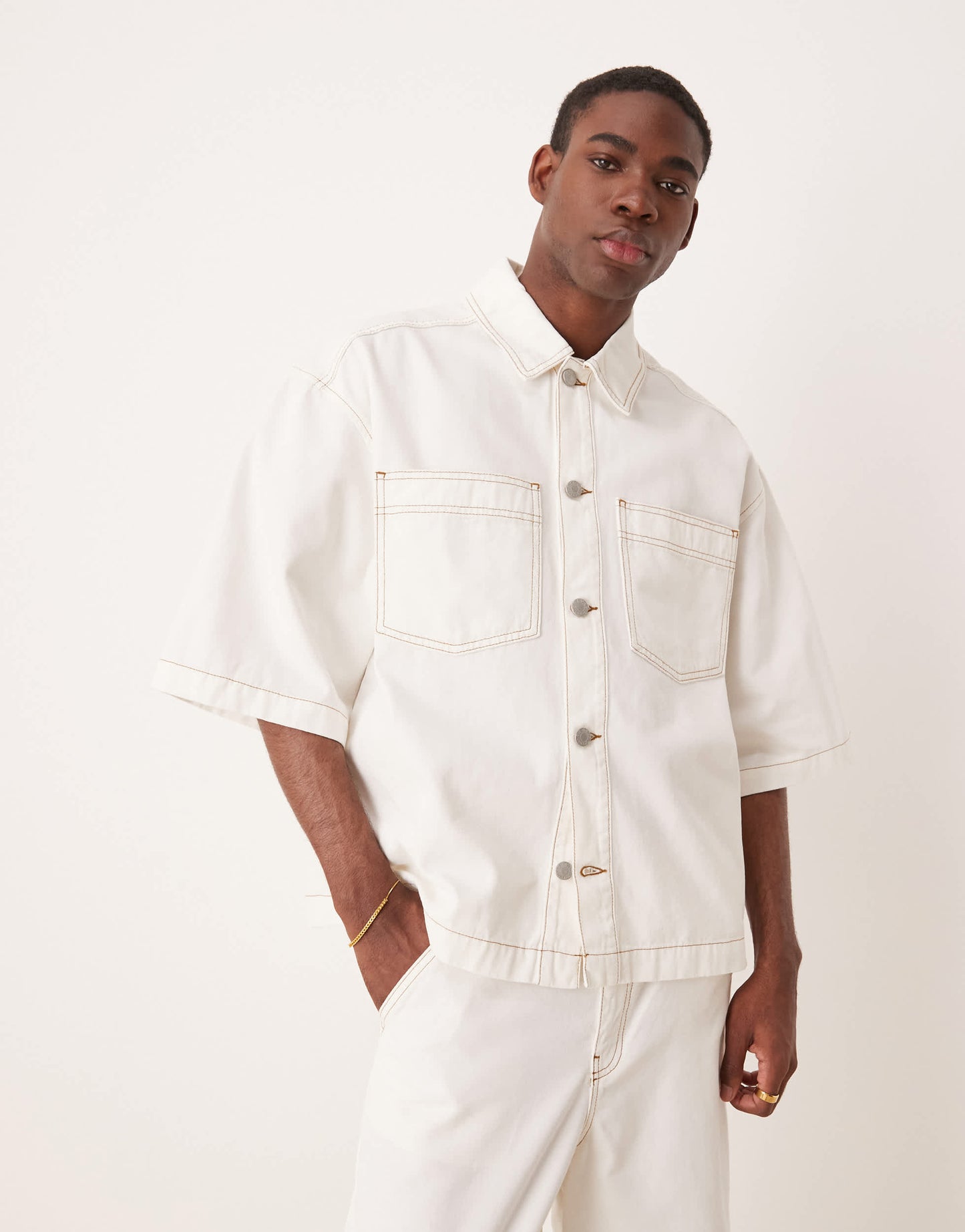 ASOS DESIGN co-ord oversized short sleeve denim shirt with patch pockets in ecru
