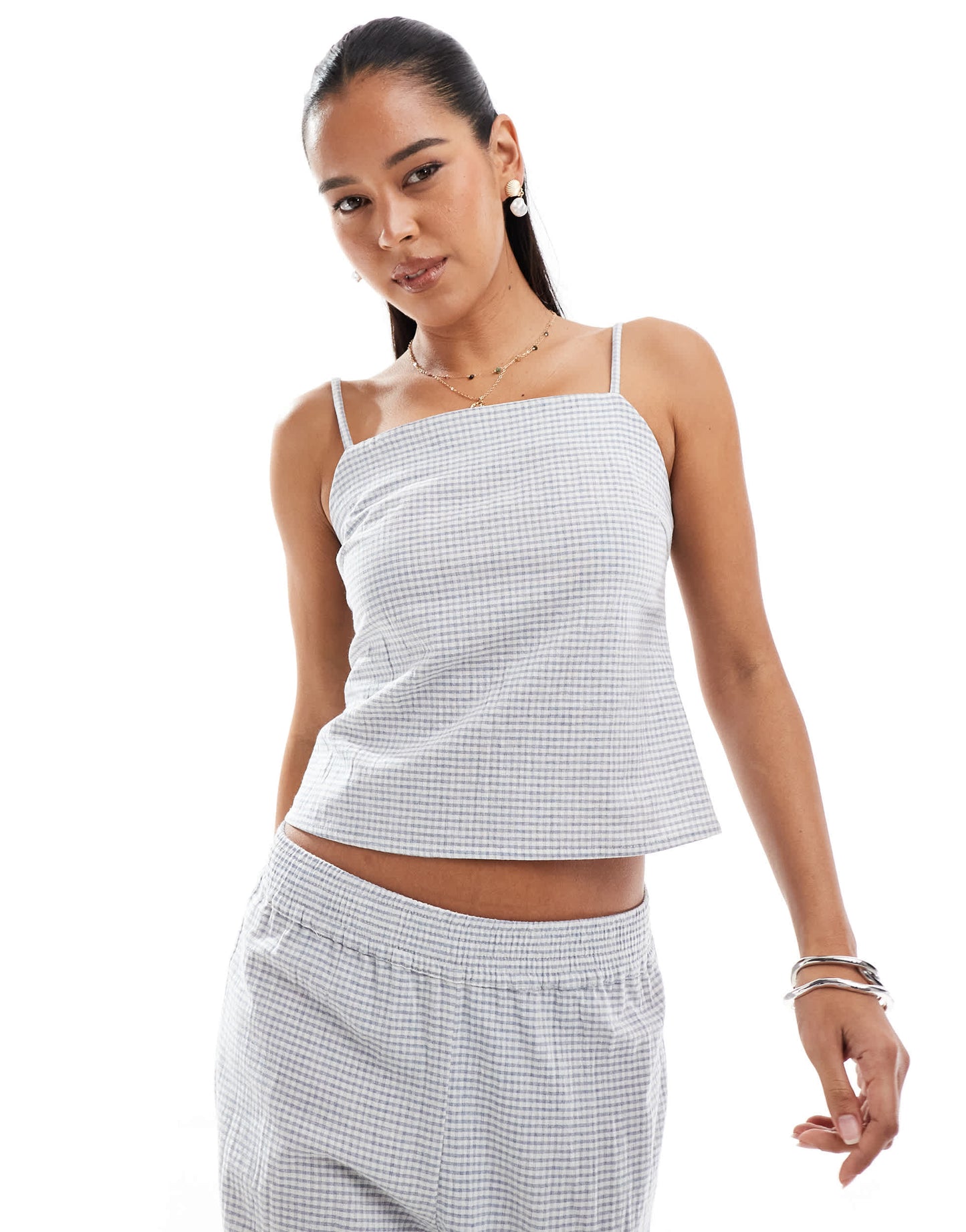 Pull&Bear gingham ruche side top co-ord in grey & white